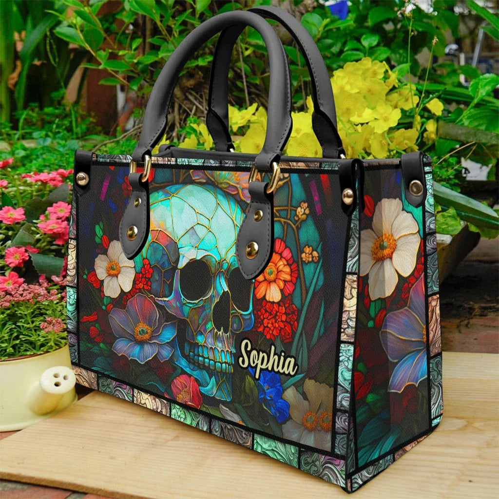 Floral Skull - Personalized Skull Leather Handbag - Boho Handbag - Leather Shoulder Bag