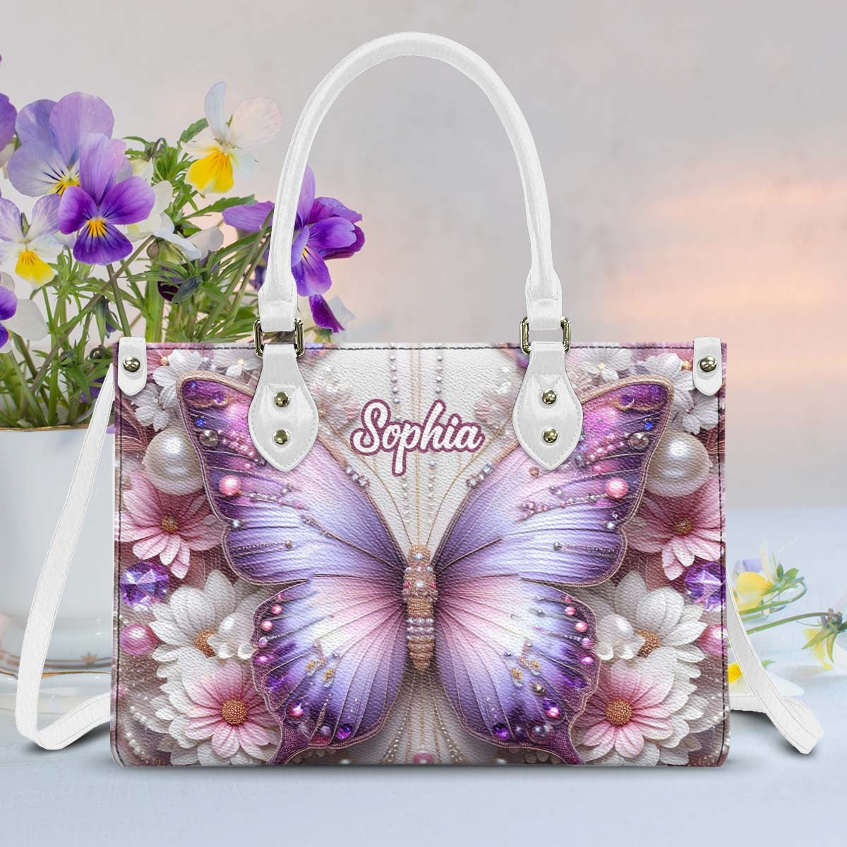 Floral Butterflies - Personalized Butterfly Leather Handbag - Boho Handbag - Leather Shoulder Bag