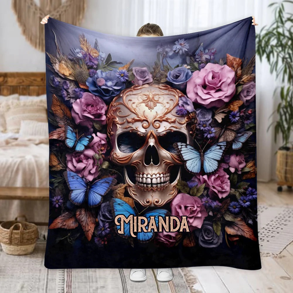 Beauty Of The Dark Skull Roses Butterflies Blanket, Skull Halloween Blanket, Halloween Costumes, Gift for Halloween