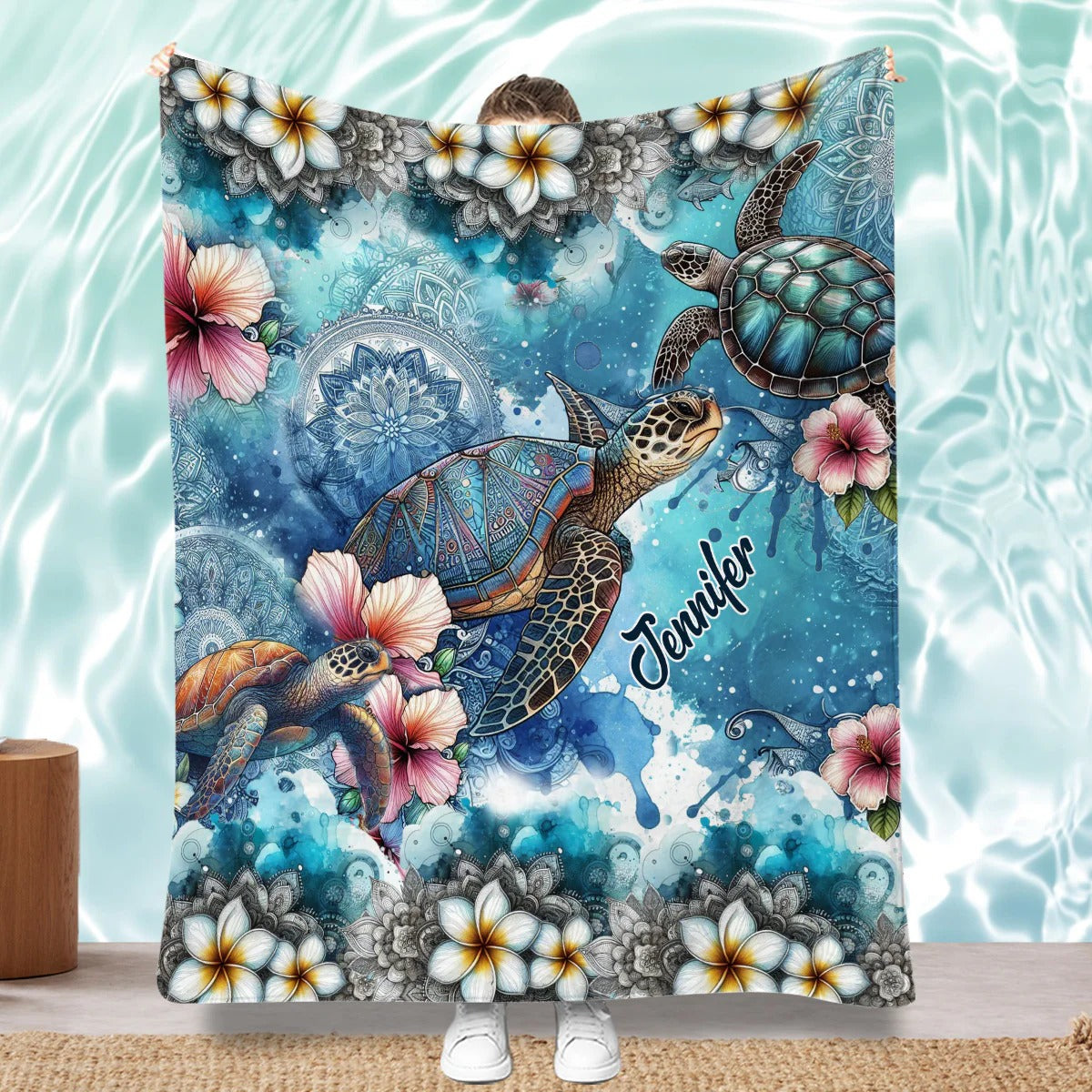 Sea Turtle Flower Blanket, Personalized Turtle Blanket, Personalized Sherpa Blanket