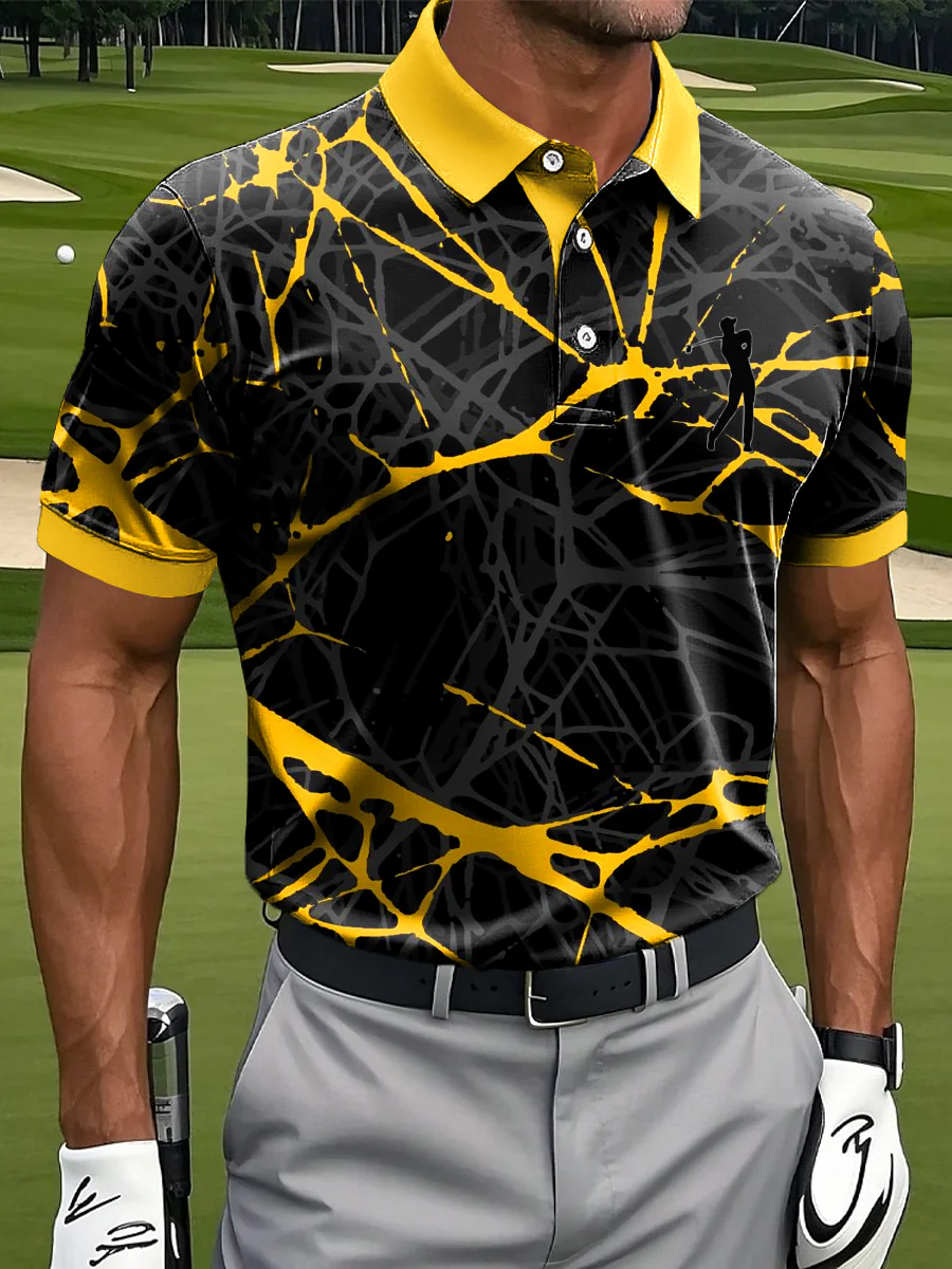 Abstract Yellow Line Art Print Casual Business Polo Shirt, Polo Shirts For Men, Golf Gift For Men