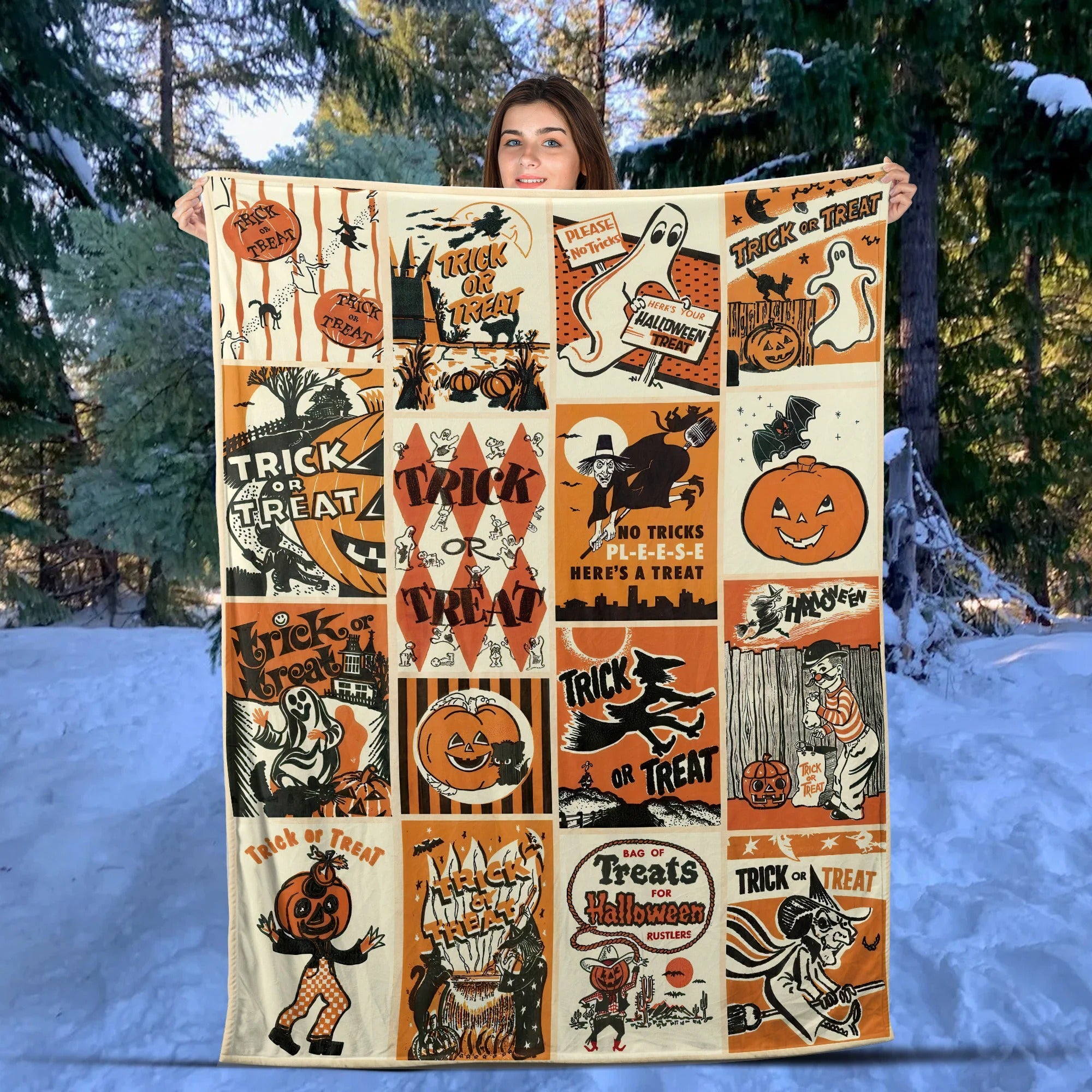 Trick Or Treat Quilt Blanket, Ghost Pumpkin Throw Blanket, Spooky Season Decor