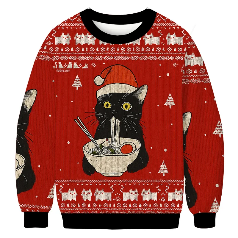 Ramen Cat Japanese Vintage Christmas Sweater, Ugly Xmas Sweater, Christmas Ugly Sweatshirt