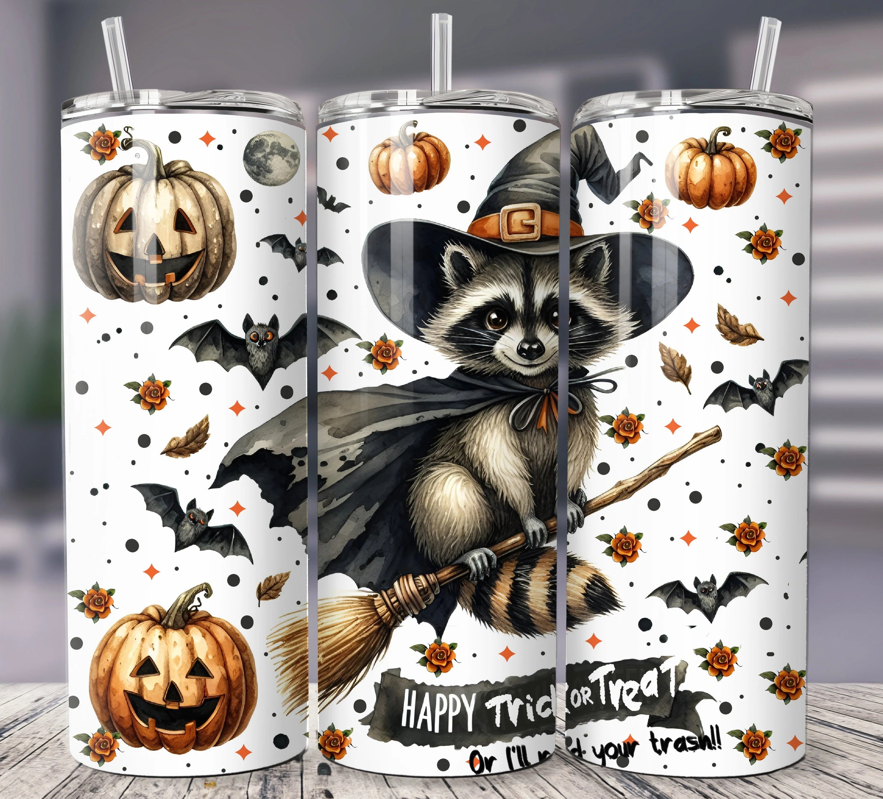 Raccoon Halloween 20oz 30oz Tumbler, Cute Raccoon Witch Costume Tumbler, Halloween Gifts