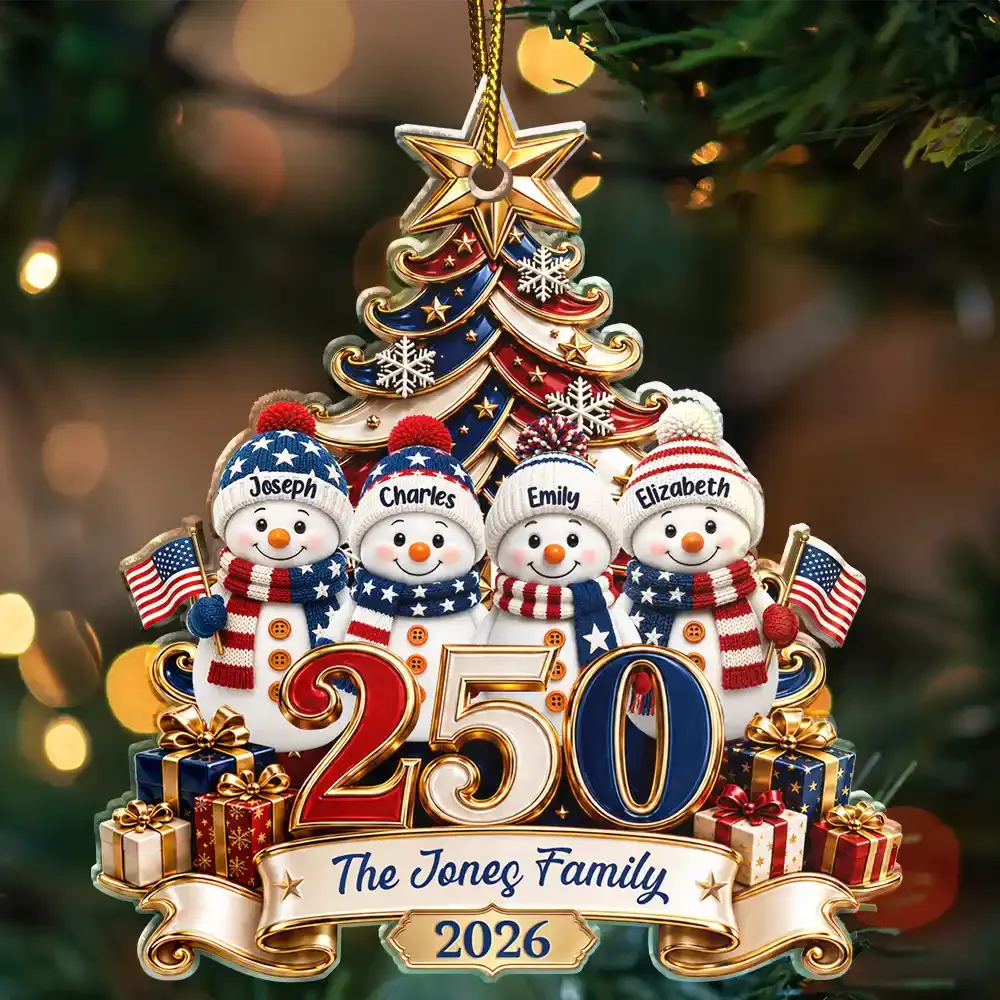 Custom Name 250 Years USA Snowman Acrylic Ornament, Christmas Gifts, Family Decor