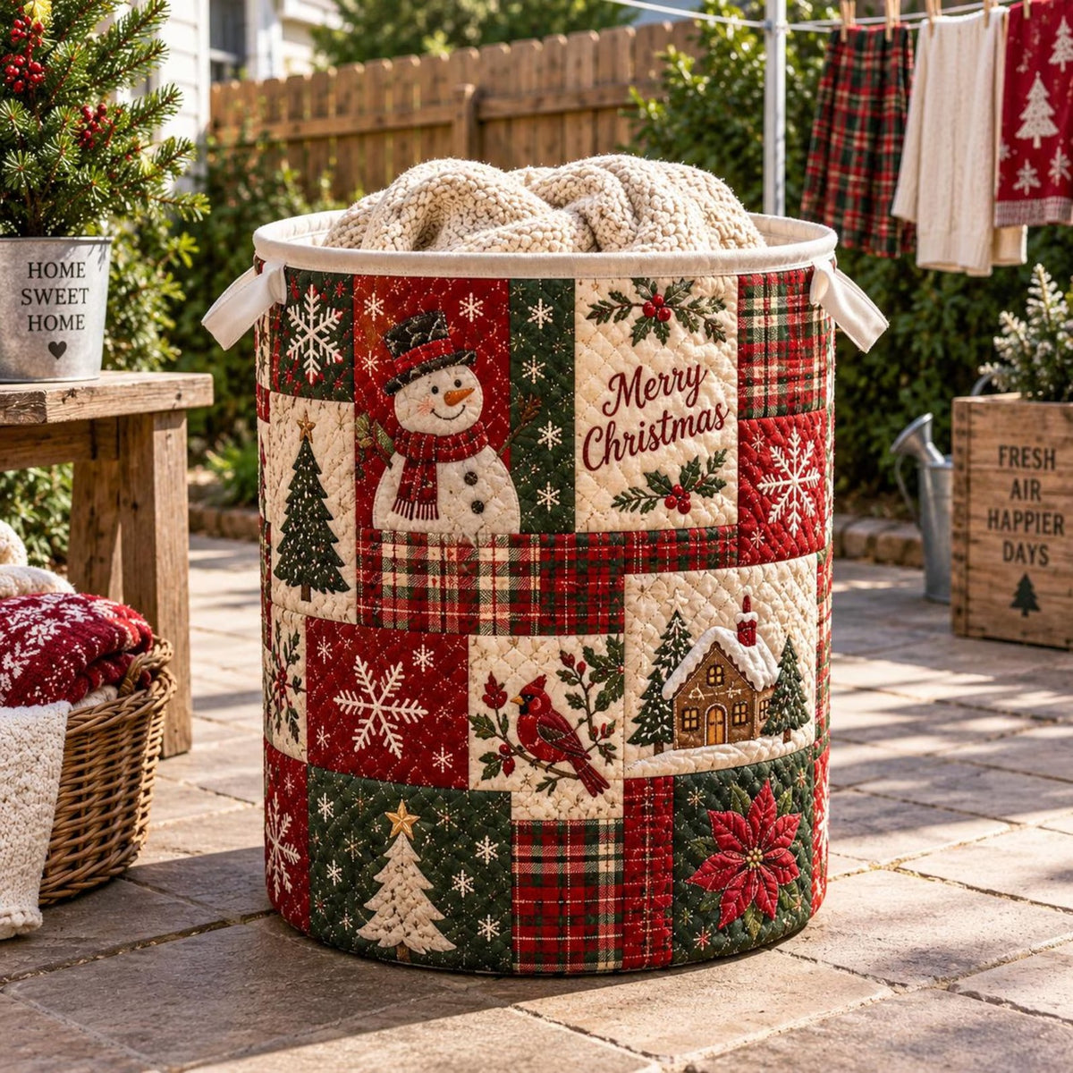 Merry Christmas Snowman Patchwork Laundry Basket, Laundry Hamper, Gift For Mom
