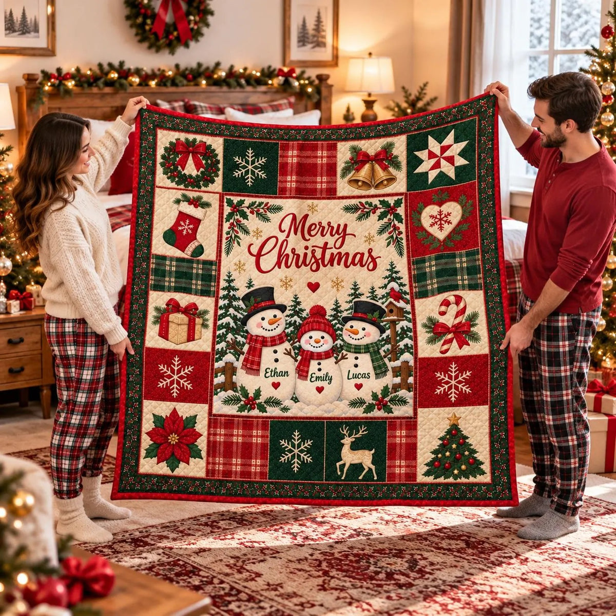 Custom Snowman Merry Christmas Quilt Blanket, Family Gift, Christmas Home Decor