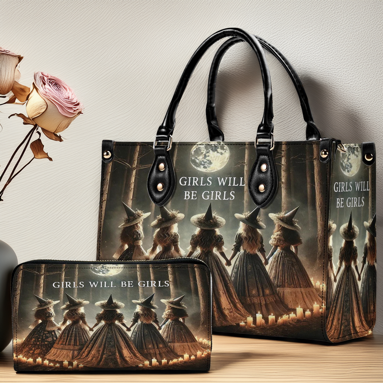 The Witches Halloween Bag With Wallet - Girls Will Be Girls - Spooky Season Leather Shoulder Bag - Basket for Halloween