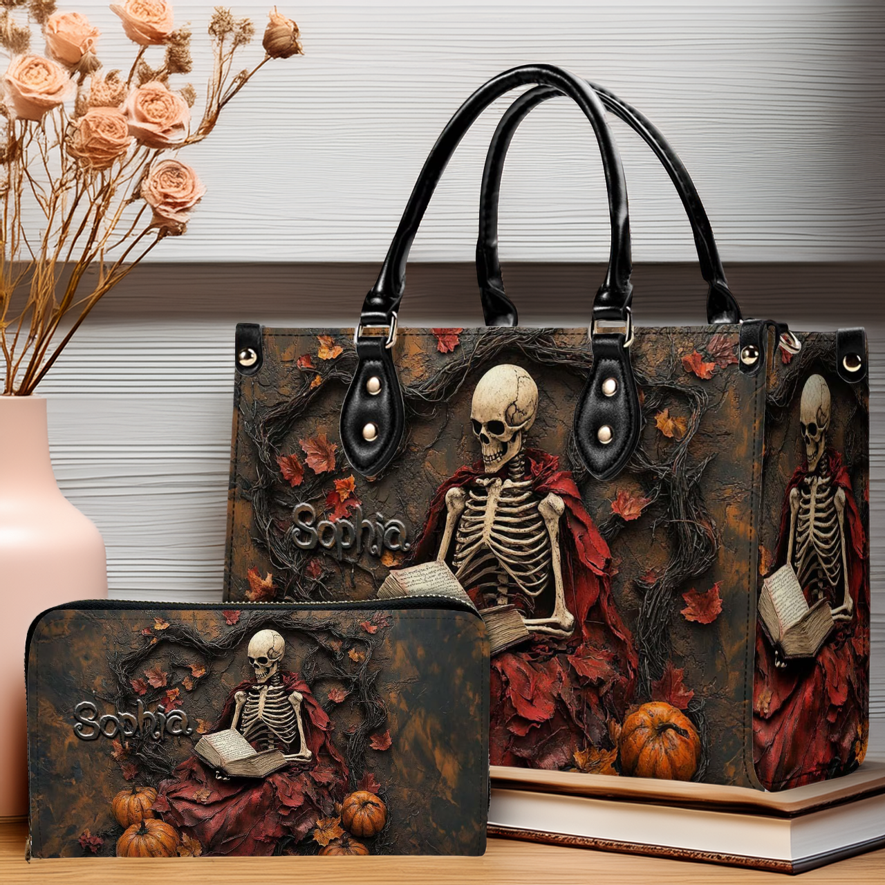Creepy Scary Skeleton Leather Handbag With Wallet - Book Skeleton Crew Bags For Women - Leather Shoulder Bag