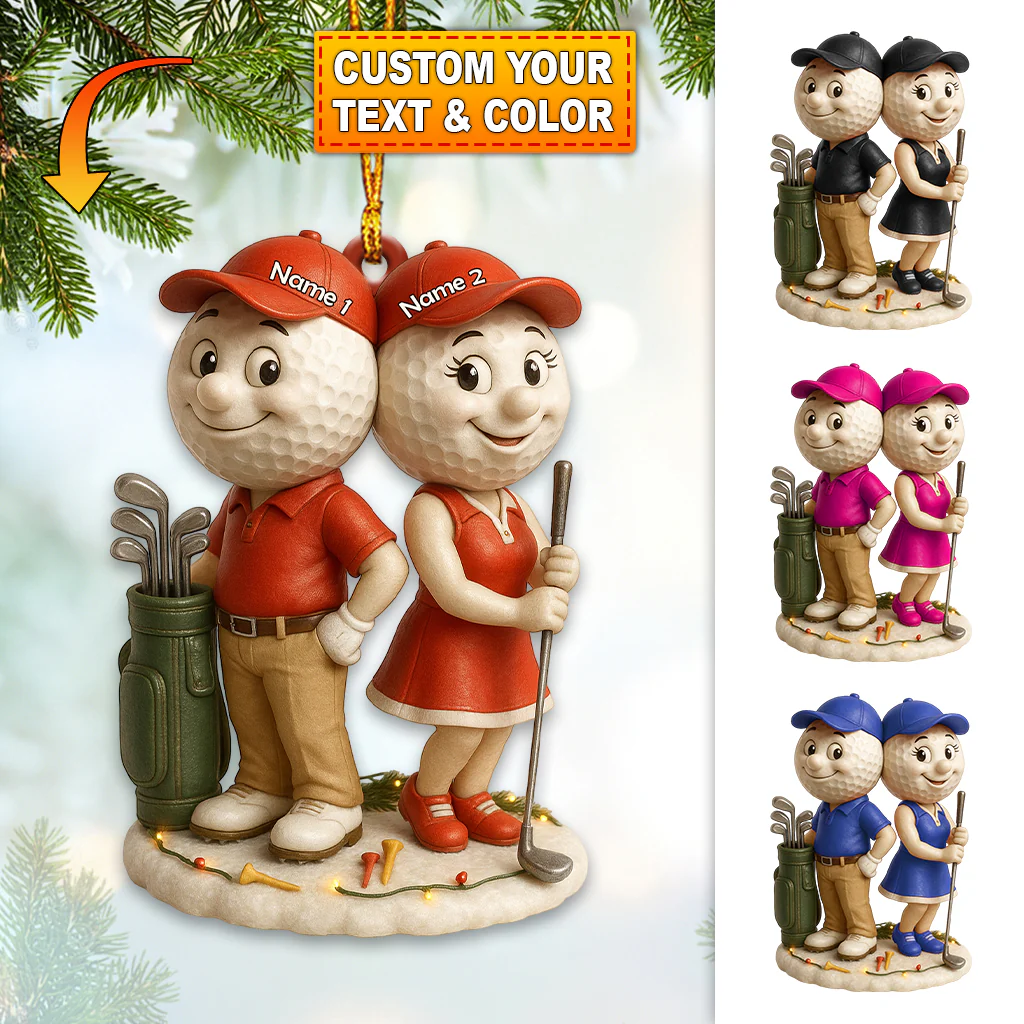 Custom Name Golf Couple Funny Golf Ball Acrylic Ornament, Funny Christmas Ornament, Christmas Golf Gift