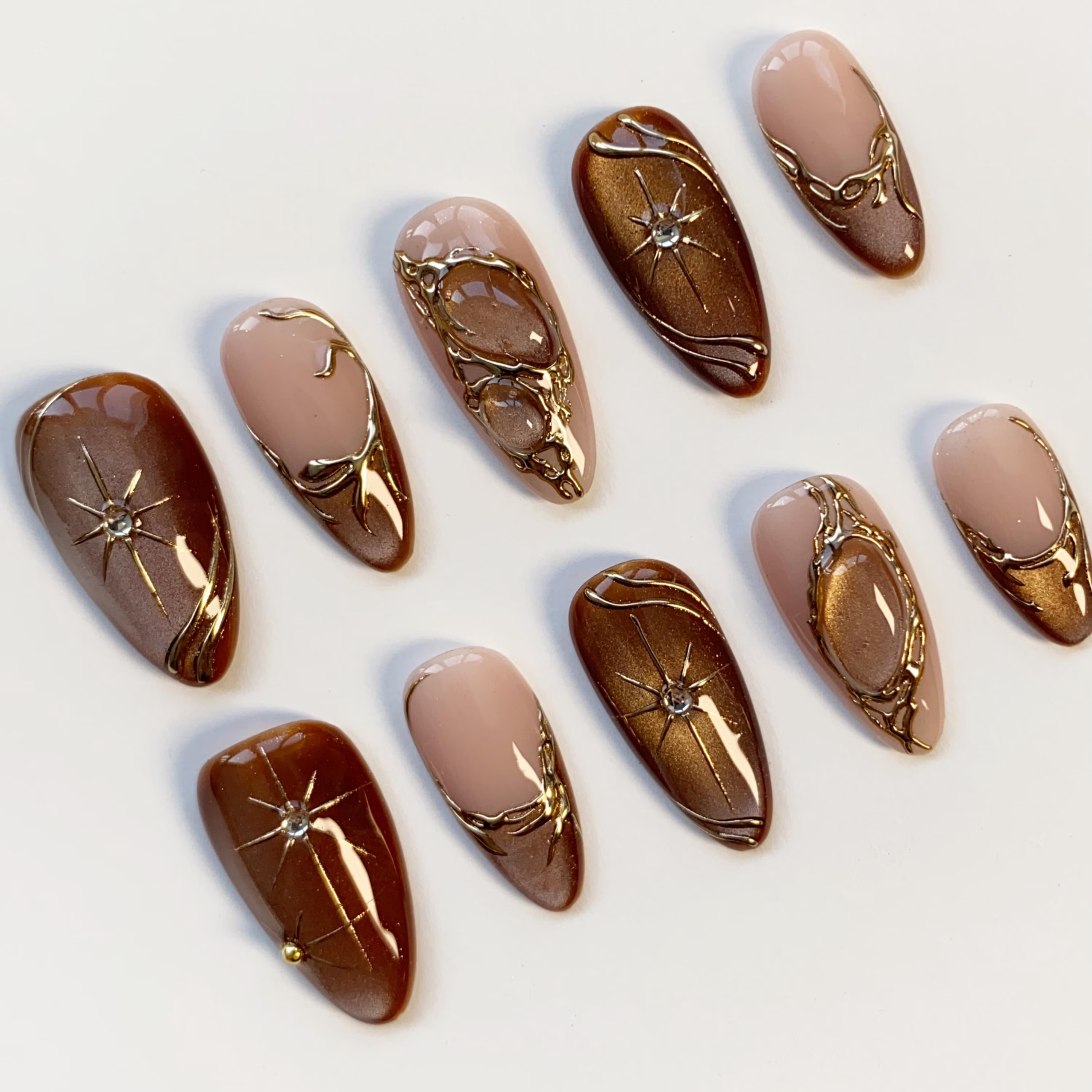 Fall Cat Eye Amber Press On Nails, 3D Gold Chrome Nail, Sparkle Brown Resuable Nails