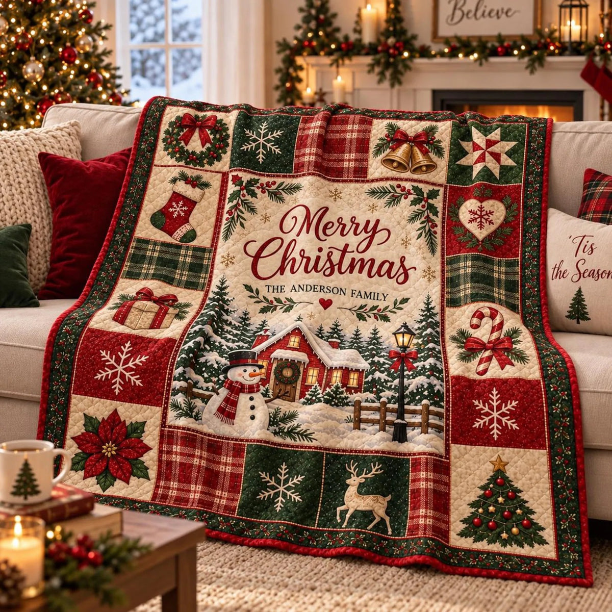 Personalized Merry Christmas Family Quilt Blanket, Christmas Home Decor, Holiday Gift