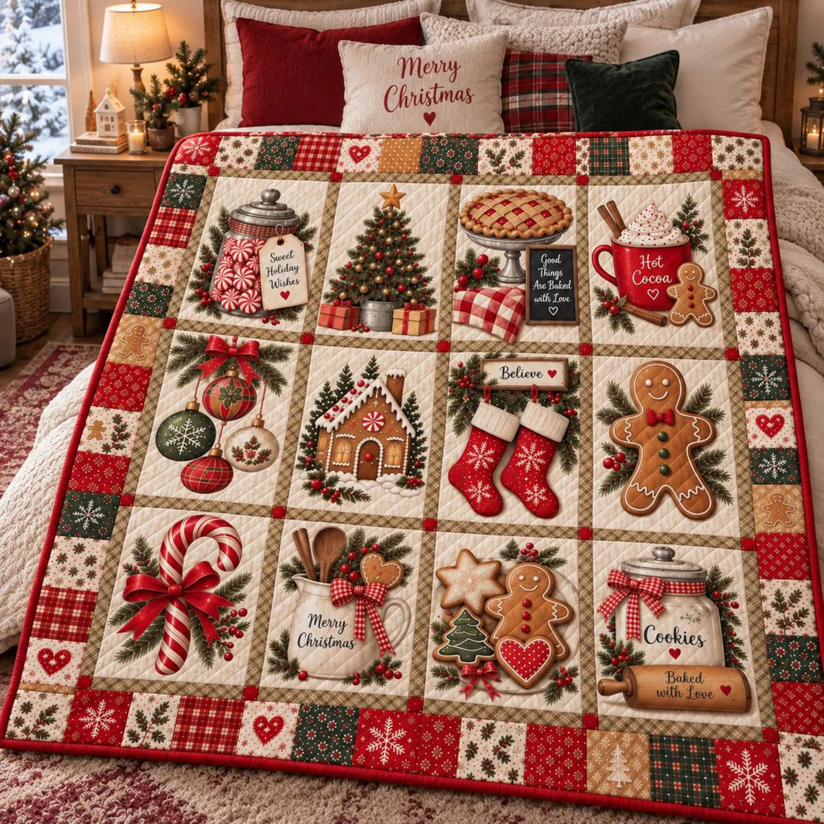 Gingerbread Patchwork Quilt Blanket, Christmas Bedding, Christmas Gift For Mom