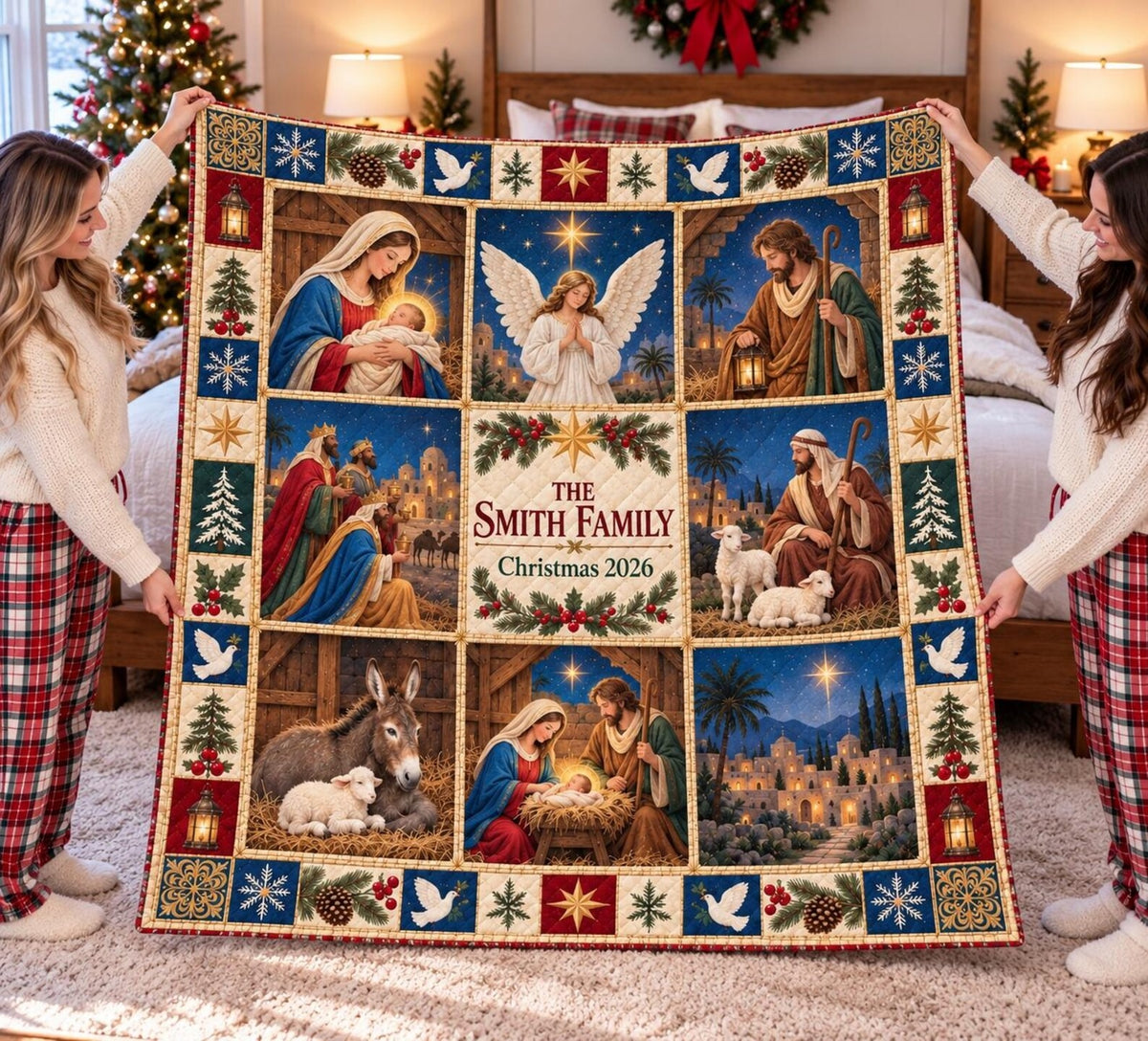 Personalized Nativity Quilt Blanket, Christian Home Decor, Christmas Gift For Family