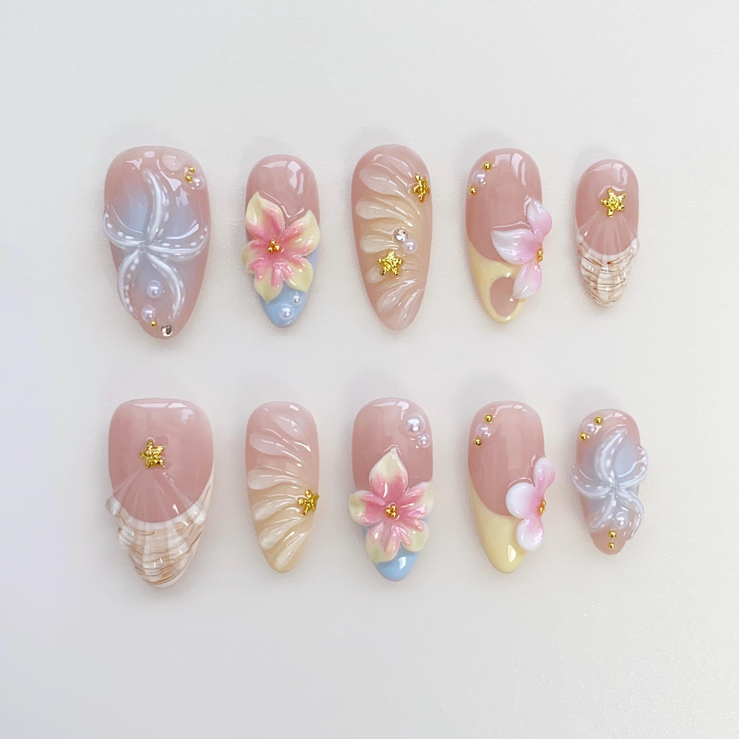 3D Starfish Bloom Elegance Press On Nails, Spring Summer Nails, Reusable Press On Nails