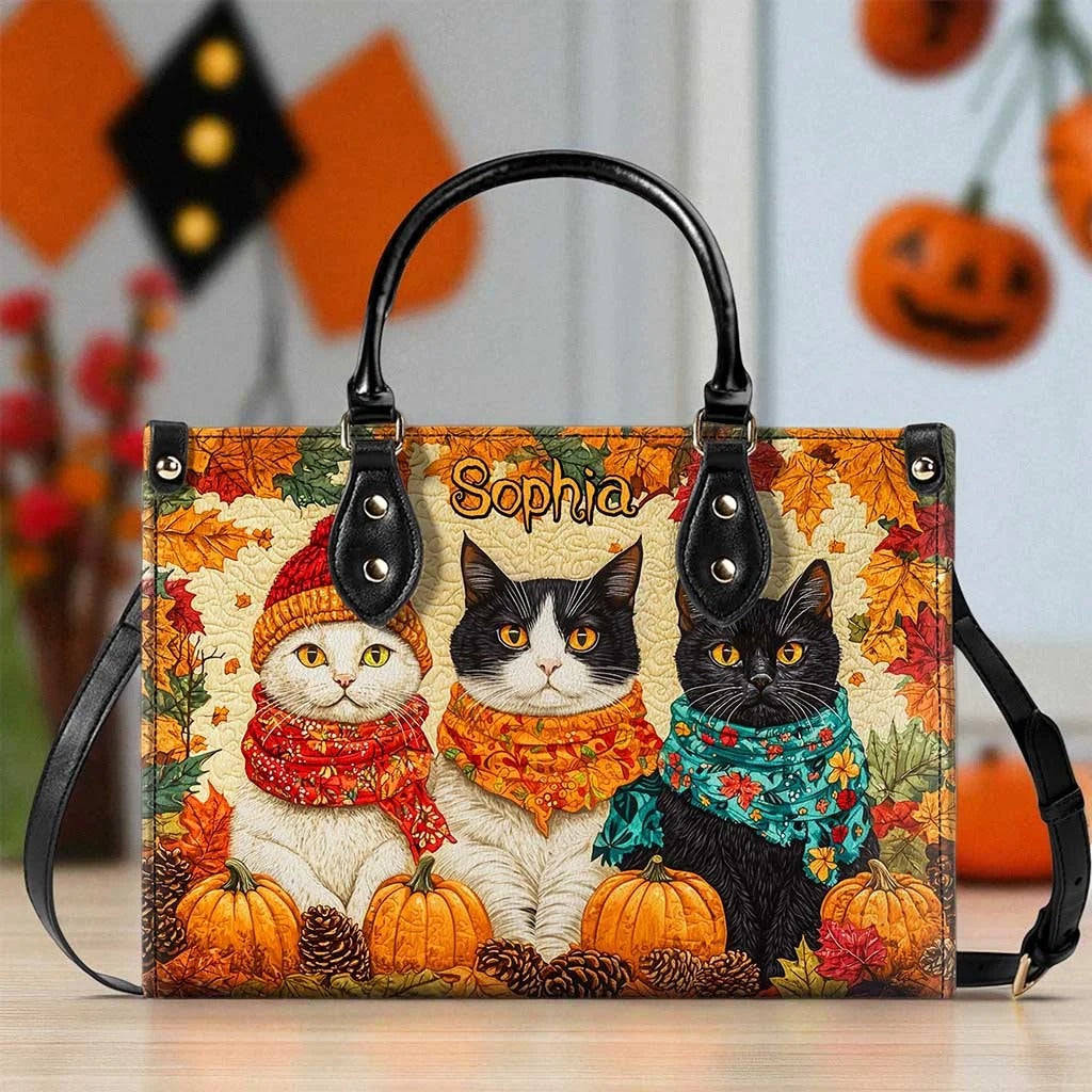 Fall Cat Purse And Wallet Set, Halloween Handbag, Leather Bags For Women