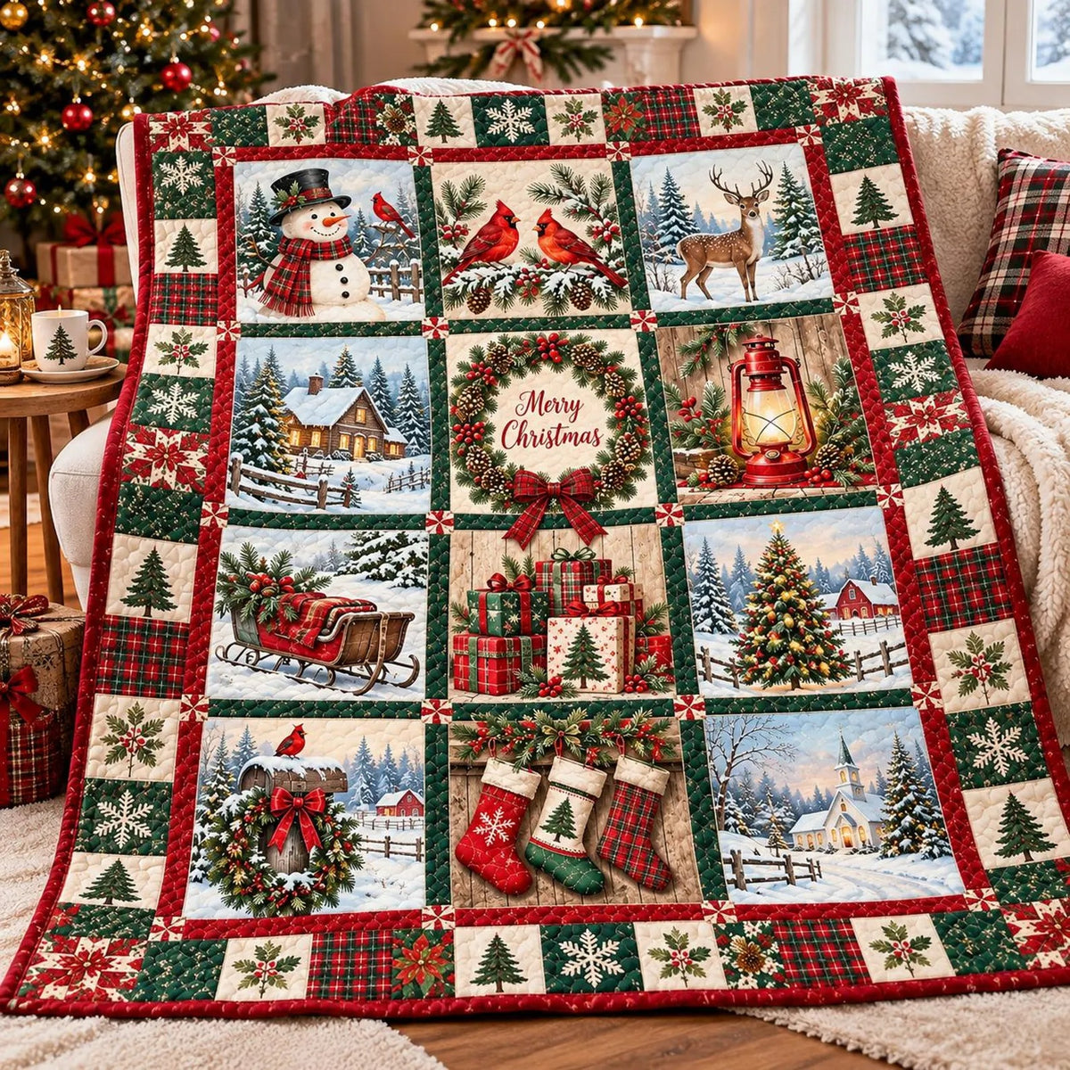 Merry Christmas Patchwork Quilt Blanket, Christmas Home Decor, Holiday Gift