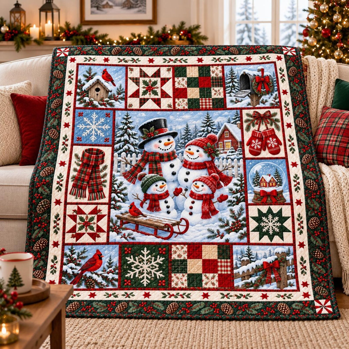Snowman Family Christmas Quilt Blanket, Christmas Home Decor, Christmas Quilt Gift