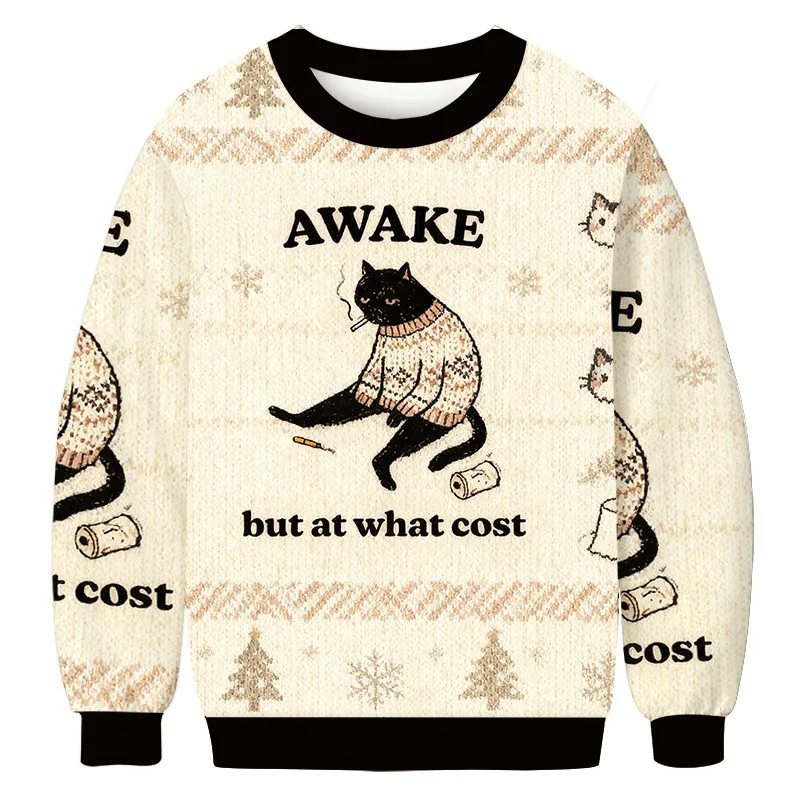 Awake But At What Cost Decadent Smoking Cat Ugly Sweater, Funny Ugly Christmas Sweater, Christmas Ugly Sweatshirt
