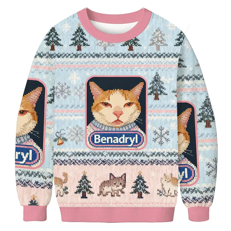 Pink Benadryl Orange Cat Meme Funny Ugly Sweater, Ugly Xmas Sweater, Christmas Ugly Sweatshirt
