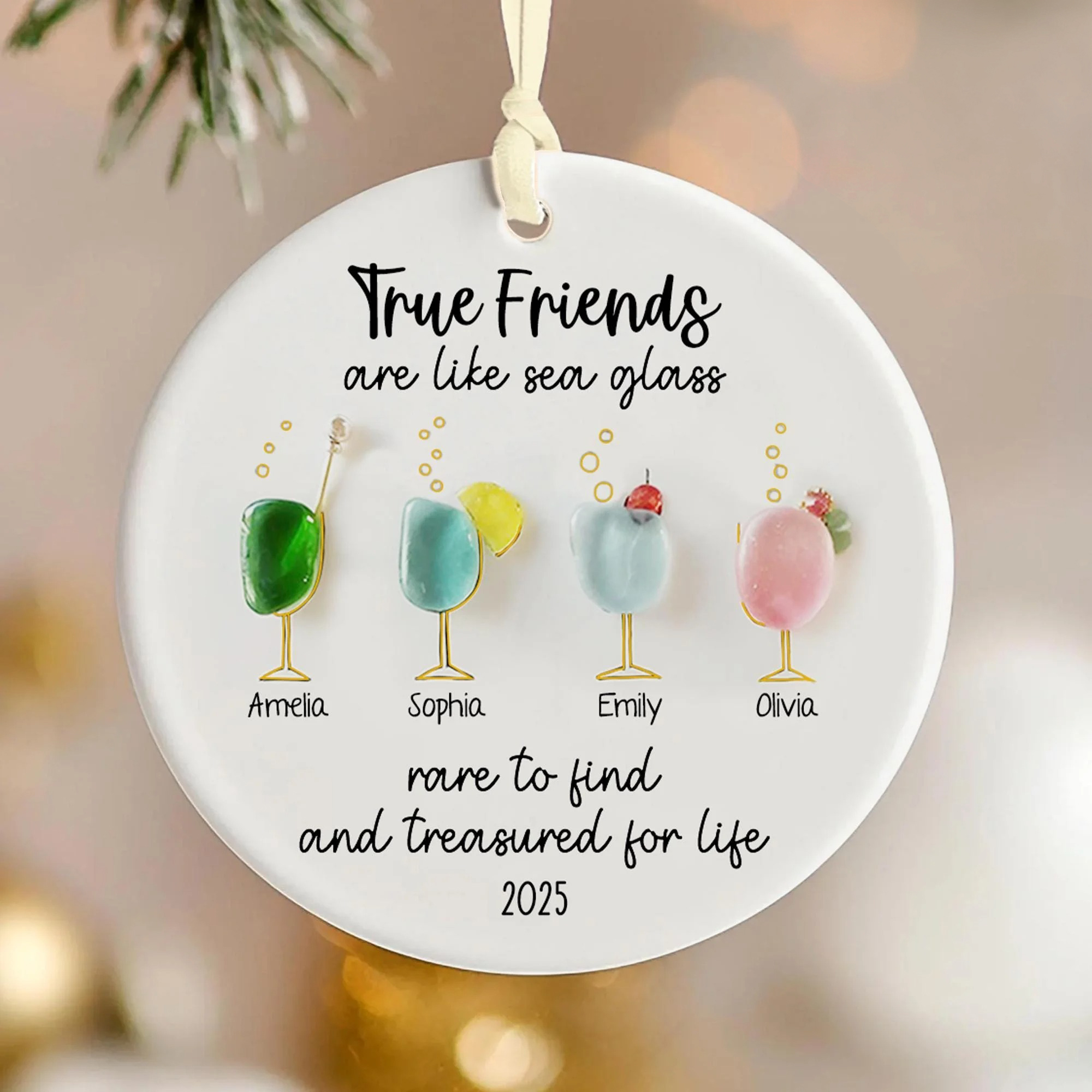 True Friends Round Shape Acrylic On Ceramic Friendship Decor Xmas Ornament, Sea Glass Ceramic Ornament