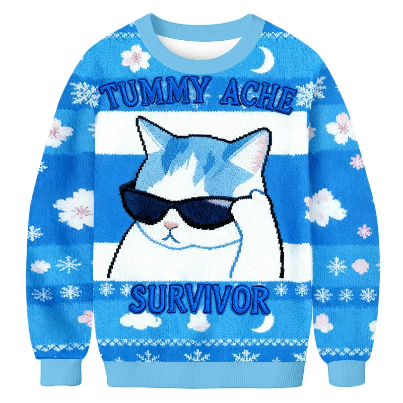 Tummy Ache Survivor Sunglasses Cat Ugly Sweater, Gift Ideas For Cat Lovers, Christmas Ugly Sweatshirt
