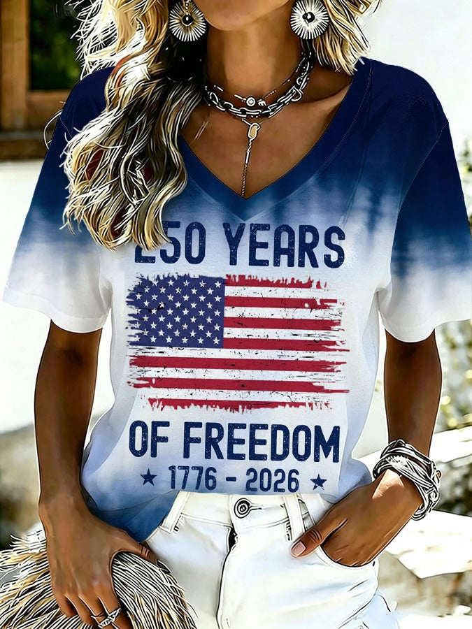 250 Years Of Freedom Faded Blue V-neck Shirt, 4th Of July Shirt, Patriotic Women Tee