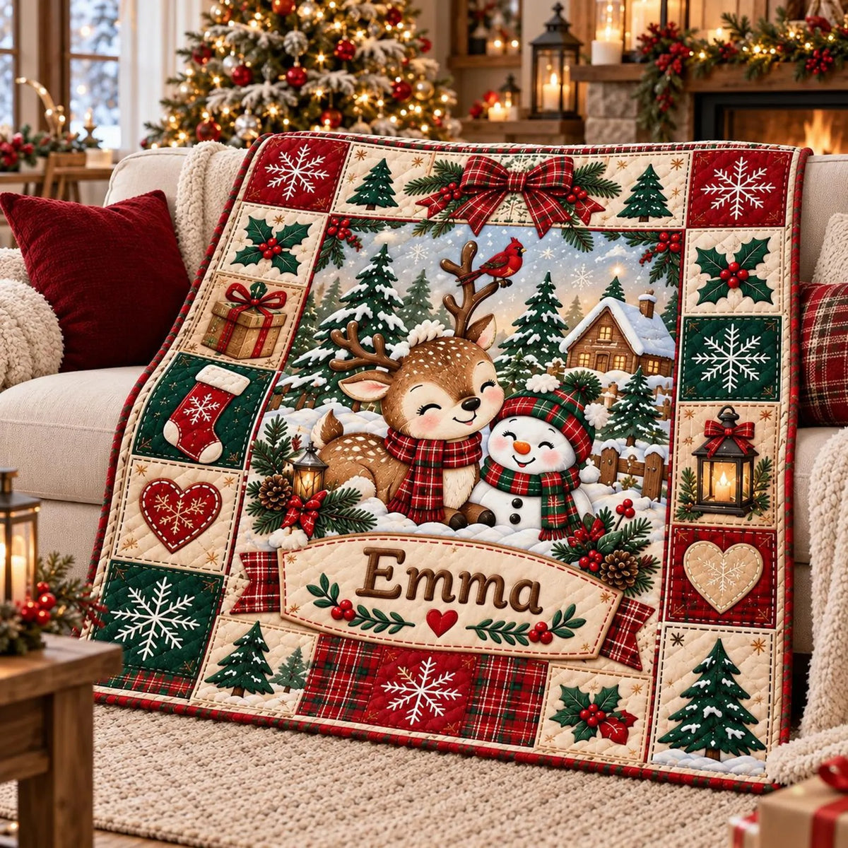 Personalized Reindeer Snowman Quilt Blanket, Christmas Home Decor, Gift For Kids