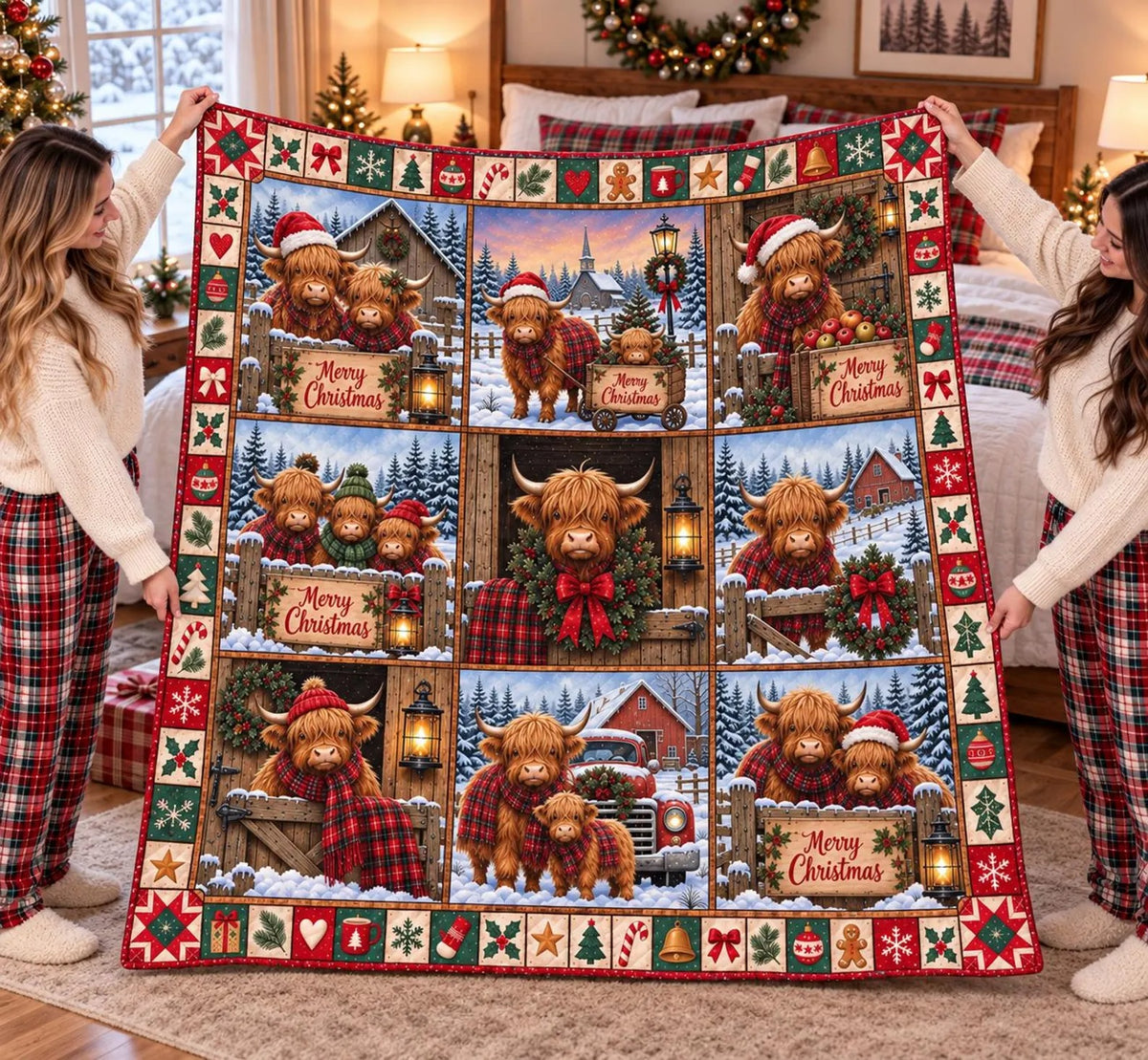 Highland Cow Merry Christmas Quilt Blanket, Christmas Gift For Family, Holiday Decor