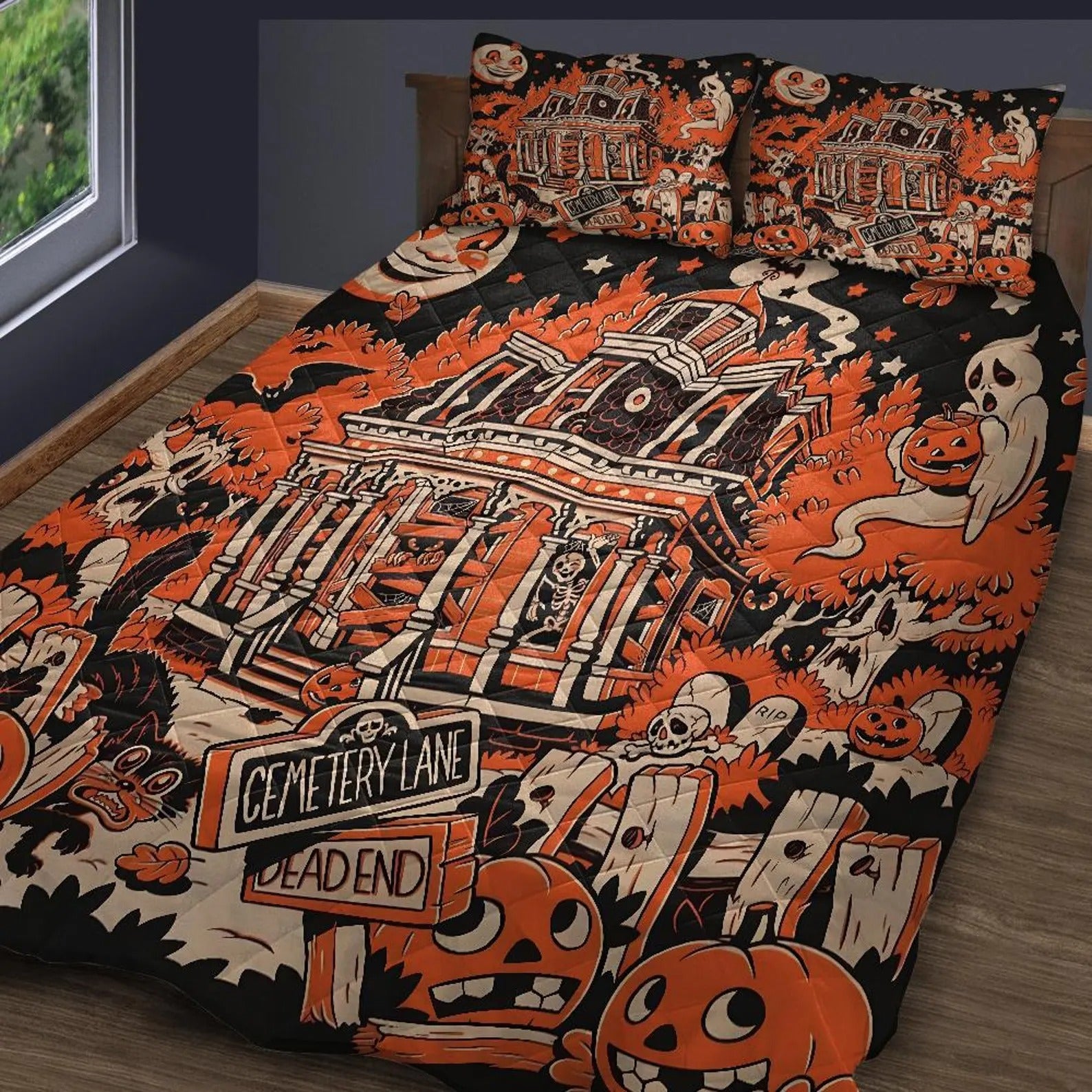 Halloween Town Quilt Bedding Set, Ghost Pumpkin Quilt Blanket, Halloween Home Decor