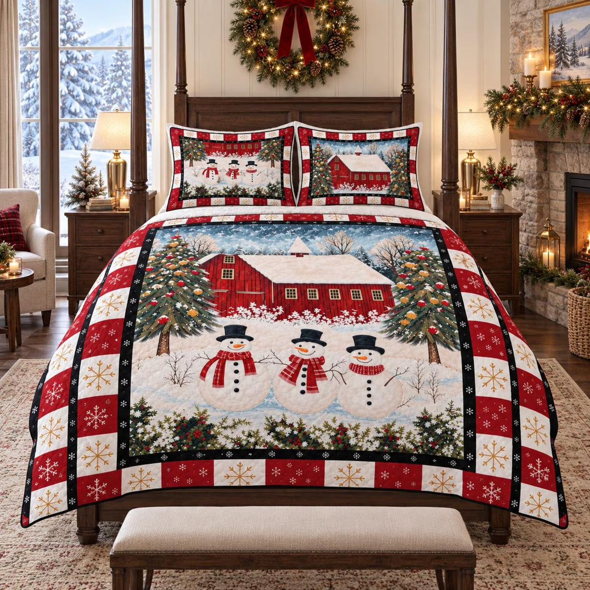Snowman Farmhouse Quilted Bedding Set, Christmas Home Decor, Family Christmas Gift
