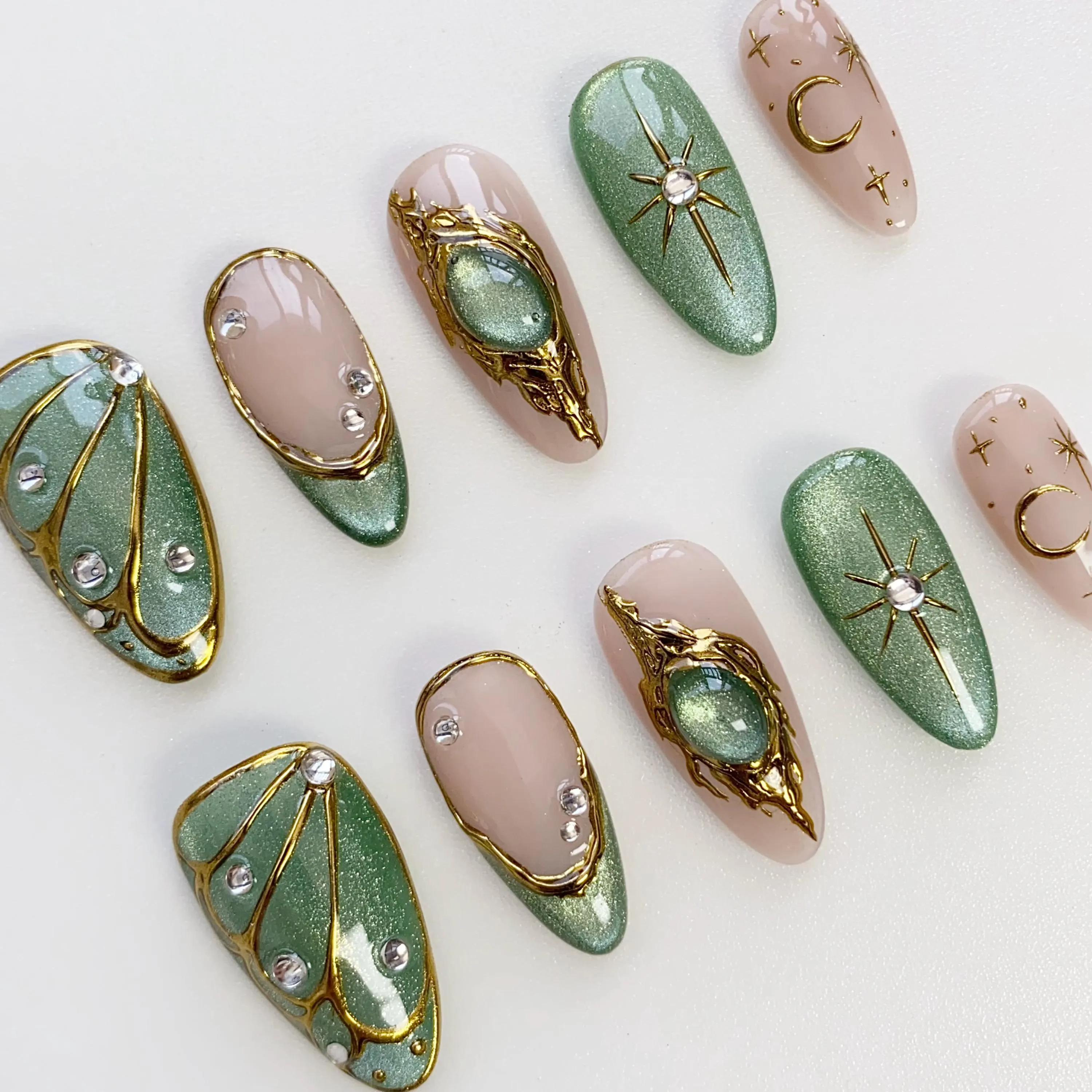 Summer Cat Eye Green Press On Nails, 3D Gold Chrome Nail, Reusable Press On Nails