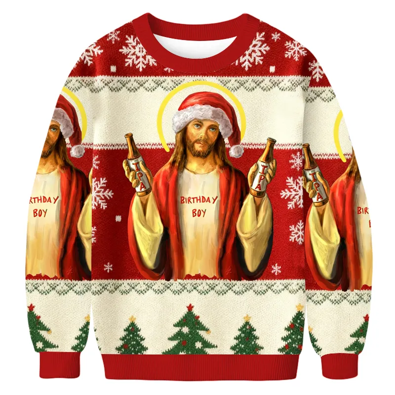 Jesus Wearing A Santa Hat And IPA Birthday Boy Ugly Sweater, Funny Christmas Ugly Sweatshirt, Xmas Ugly Sweater