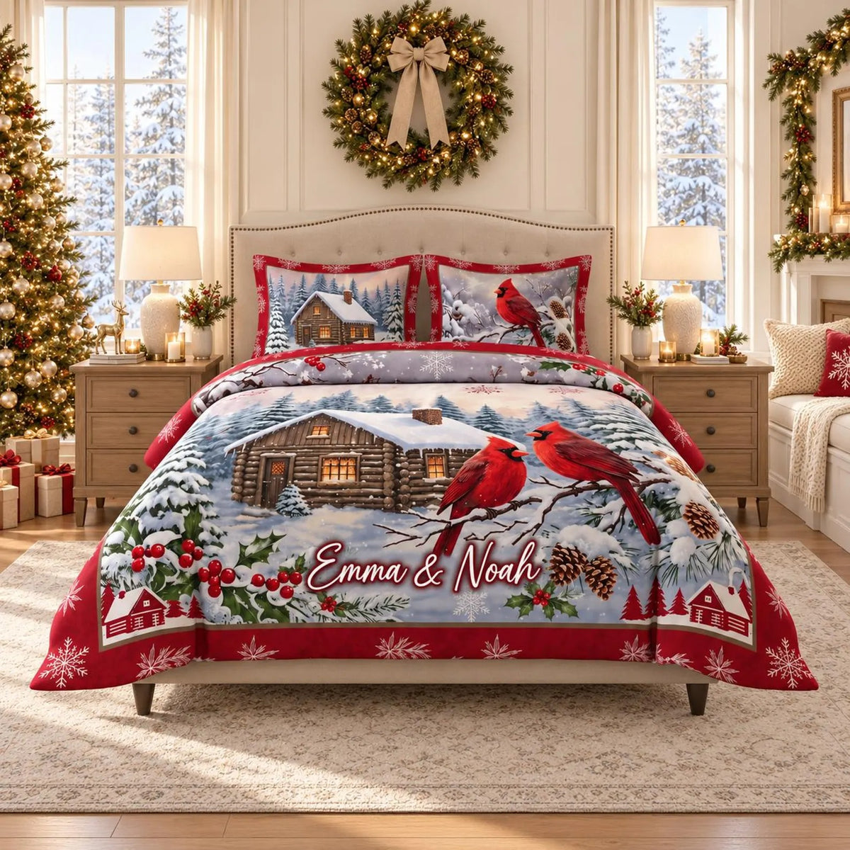Personalized Cardinal Christmas Quilted Bedding Set, Christmas Gift For Couple