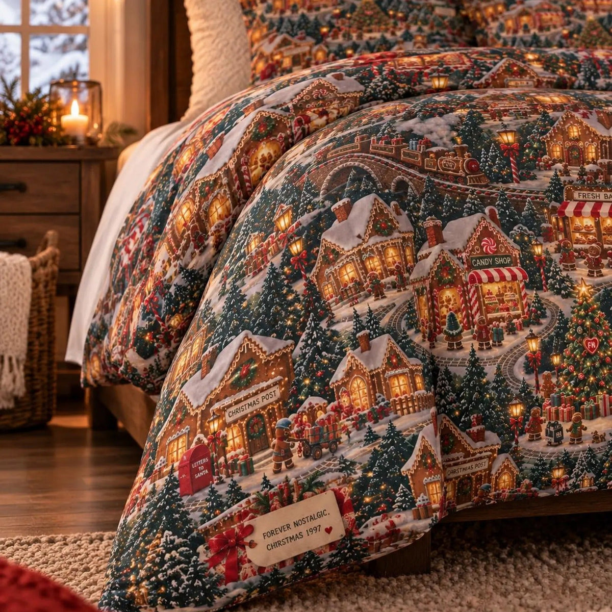 Christmas Village Quilted Bedding Set, Holiday Bedding, Christmas Gift For Family