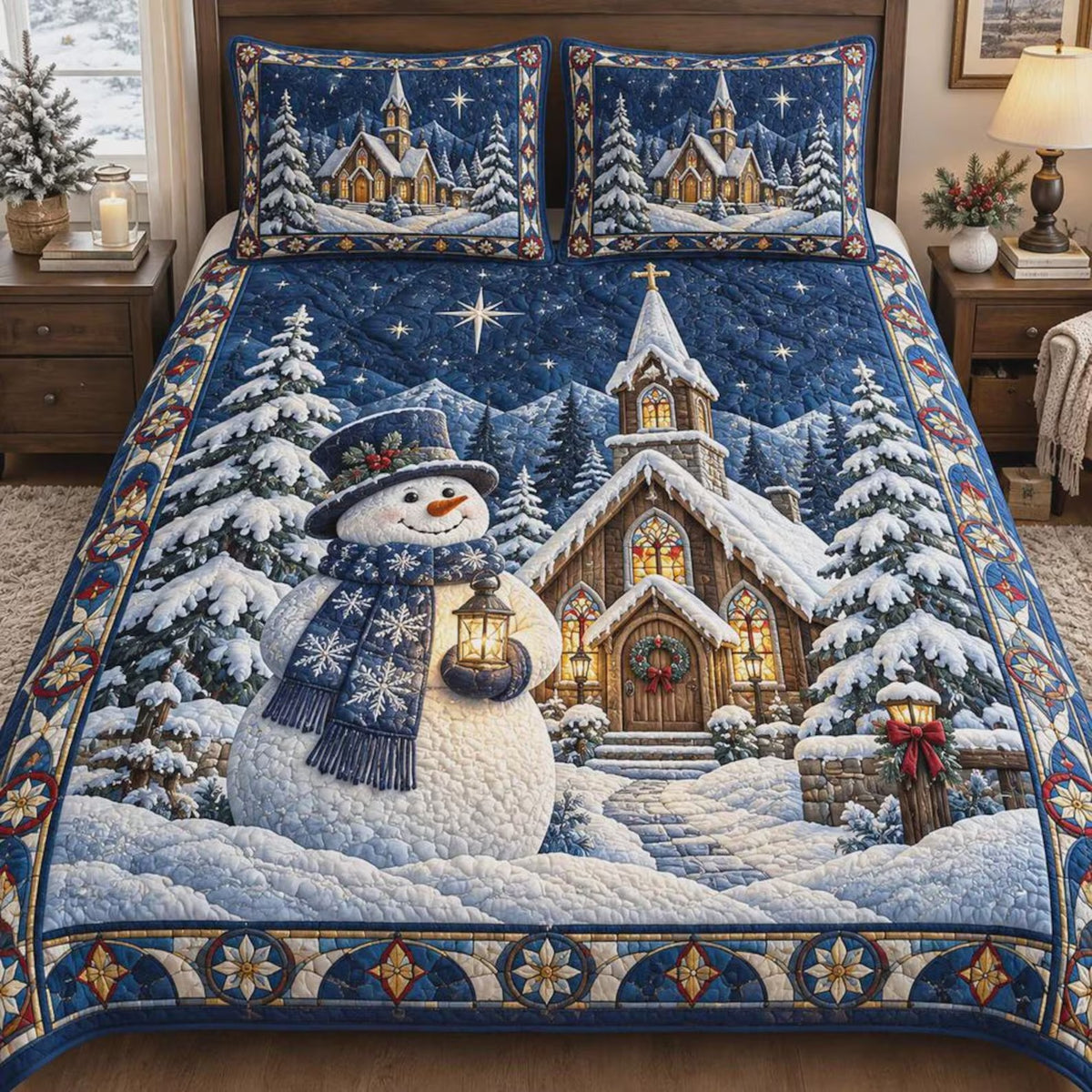 Snowman Church Christmas Quilted Bedding Set, Christian Home Decor, Christmas Gift