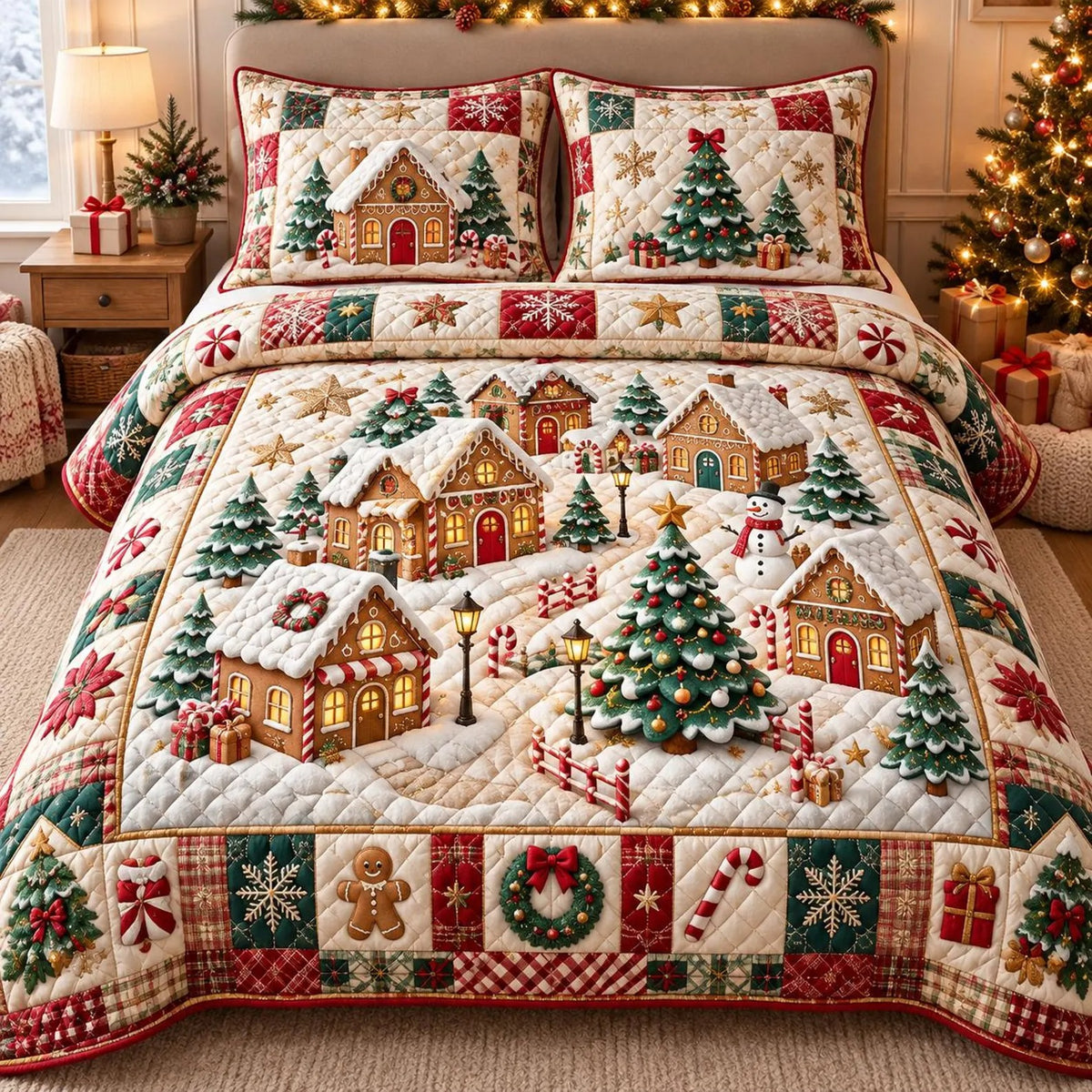 Gingerbread Village Quilted Bedding Set, Christmas Bedding, Holiday Gift For Family