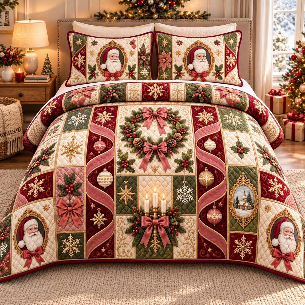 Vintage Santa Wreath Quilted Bedding Set, Christmas Bedding, Gift For Grandma