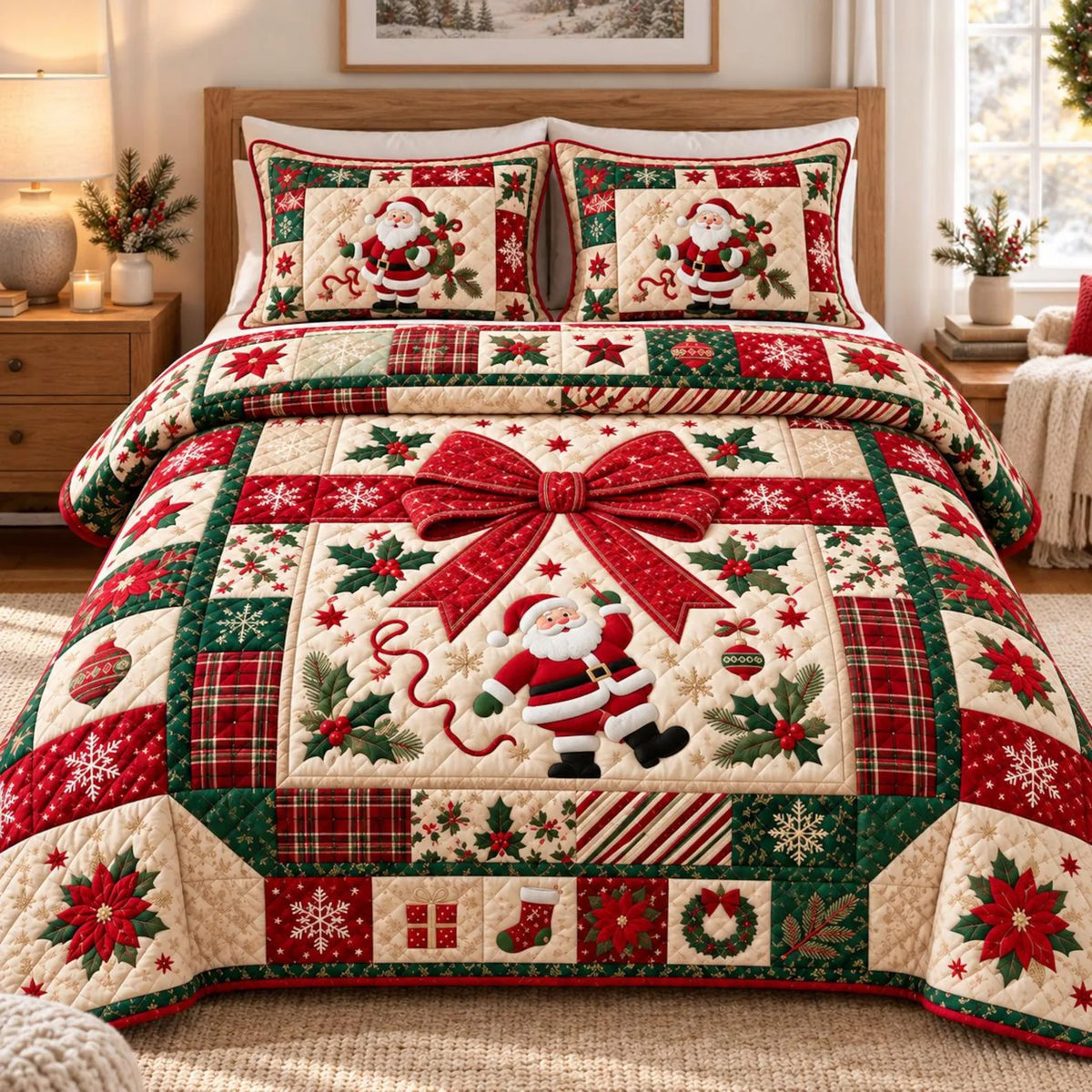 Santa Bow Patchwork Quilted Bedding Set, Christmas Gift For Mom, Holiday Bedding