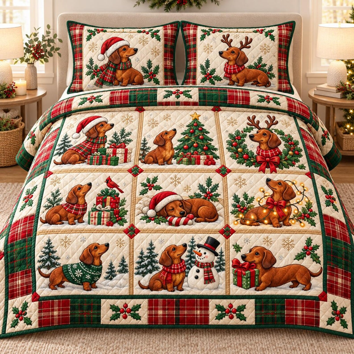 Happy Dachshund Christmas Quilted Bedding Set Gift, Holiday Gift For Dog Lovers