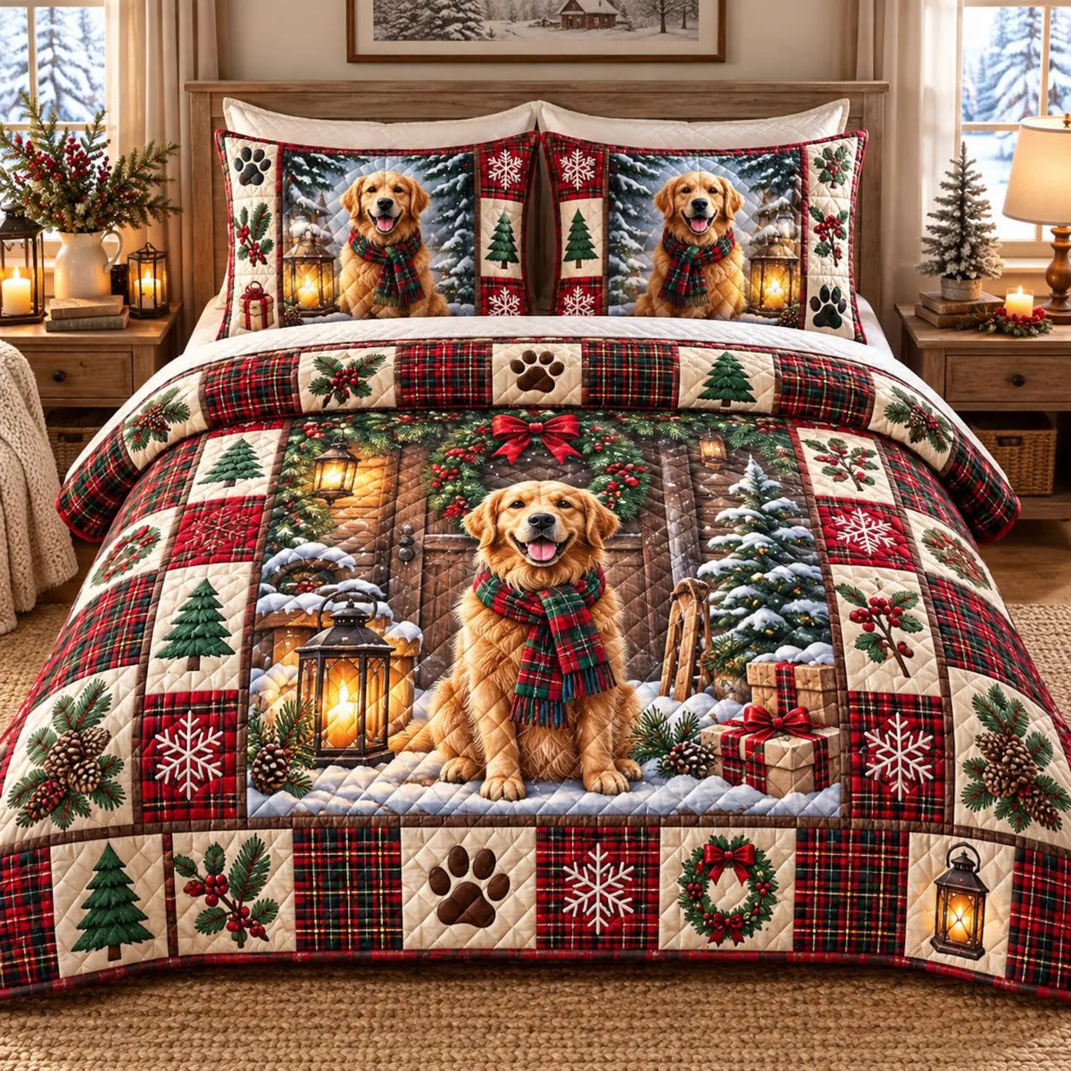 Golden Retriever Christmas Quilted Bedding Set Gift, Christmas Gift For Dog Lovers