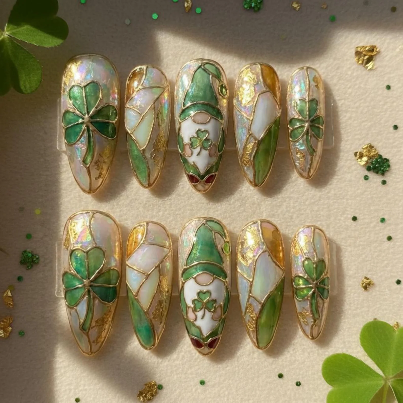 St. Patrick's Day Press On Nails, 3D Gold Chrome Nail, Hand Painted Reusable Press On Nails
