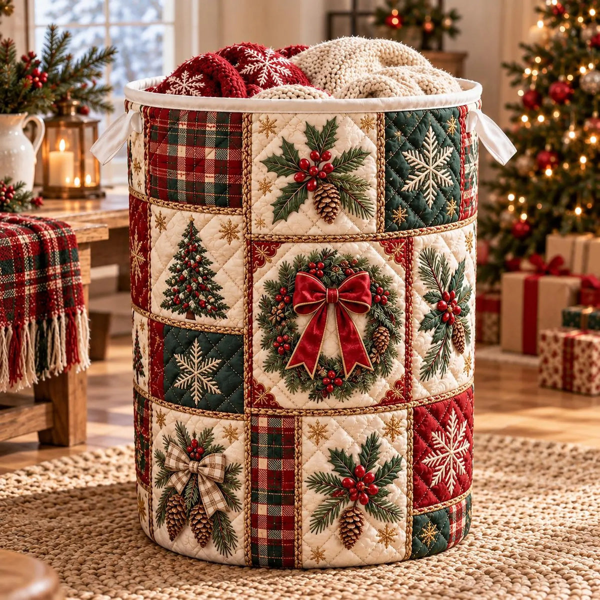 Christmas Wreath Plaid Laundry Basket, Laundry Hamper, Christmas Gift For Grandma