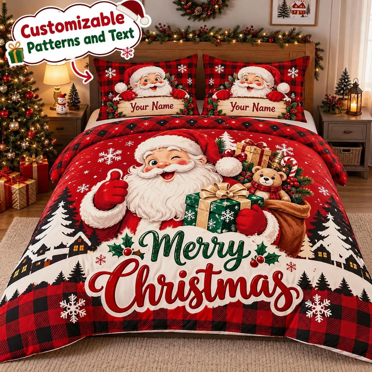 Personalized Santa Christmas Quilt Blanket, Quilted Bedding Set, Holiday Gift For Family