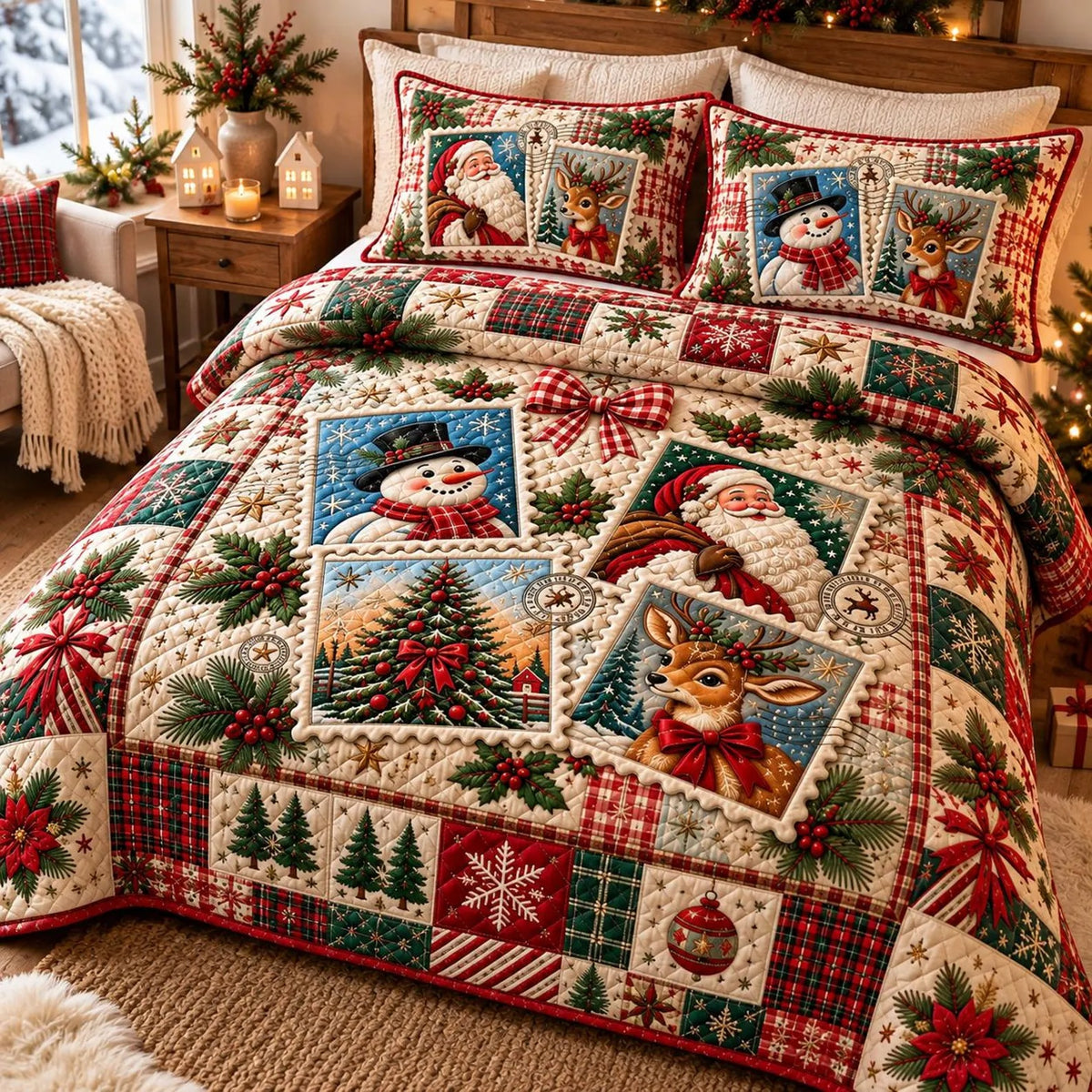 Santa Snowman Reindeer Quilted Bedding Set, Christmas Bedding, Holiday Gift For Mom