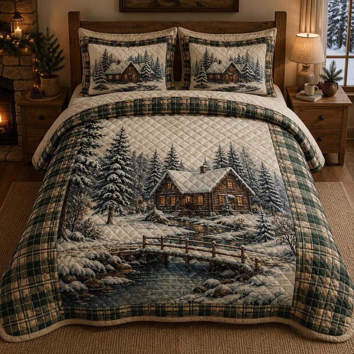 Rustic Winter Cabin Quilted Bedding Set, Cozy Housewarming Gift, Christmas Gift
