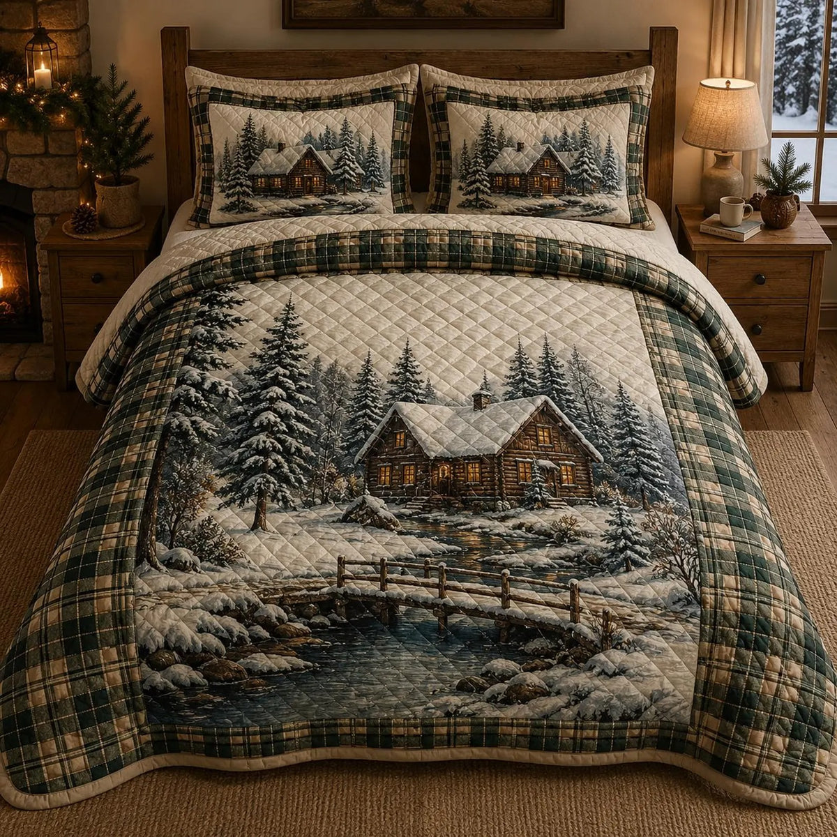 Rustic Winter Cabin Quilted Bedding Set, Cozy Housewarming Gift, Christmas Gift