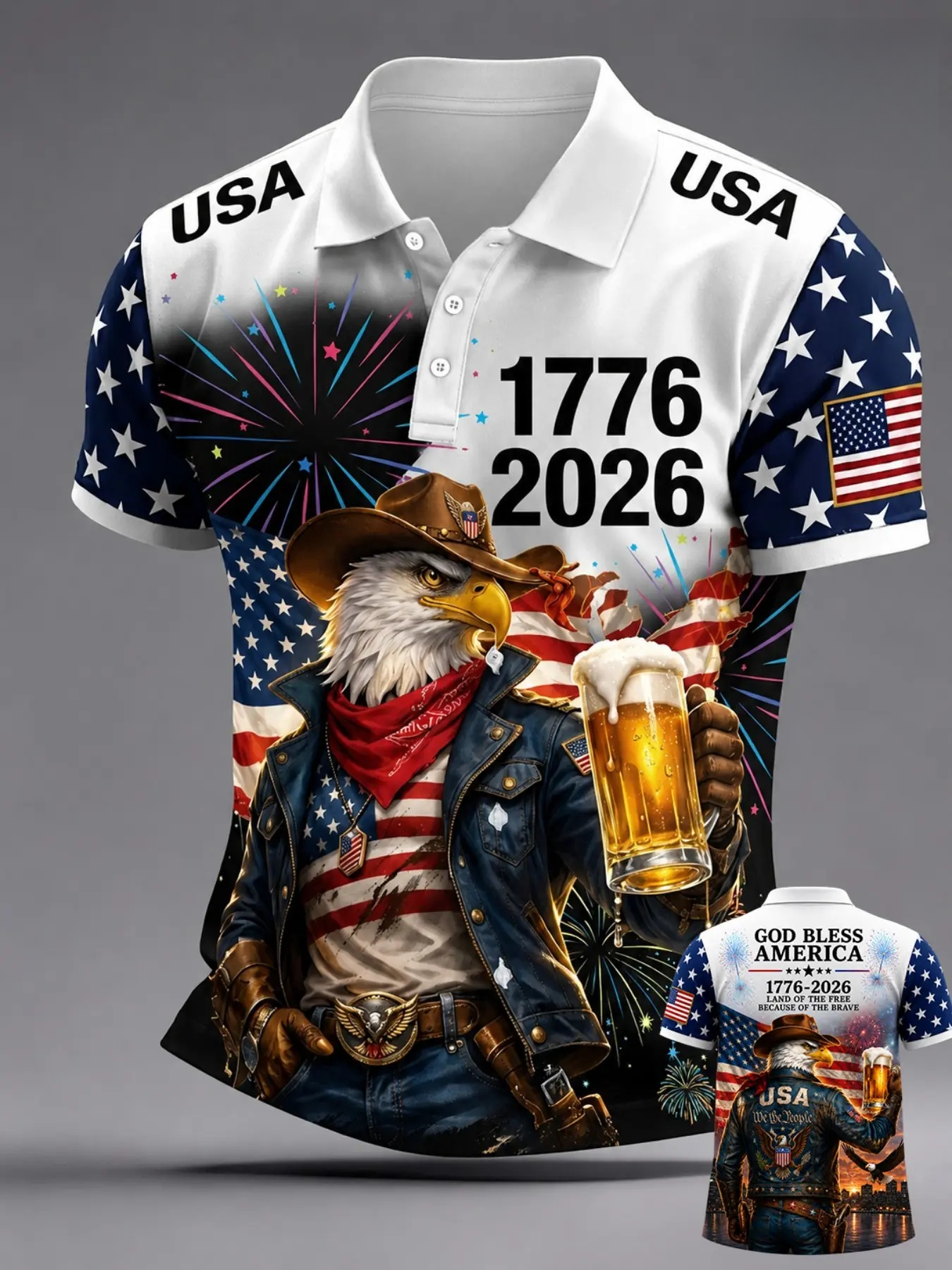 Cowboy Eagle Beer Polo Shirt , USA 250th Anniversary Shirt For Men, 4th Of July Shirt