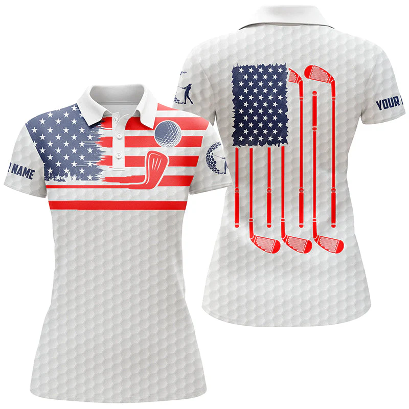 Custom Name American Flag Patriotic White Polo Shirt, Golf Shirt For Women, Ladies Golf Polos