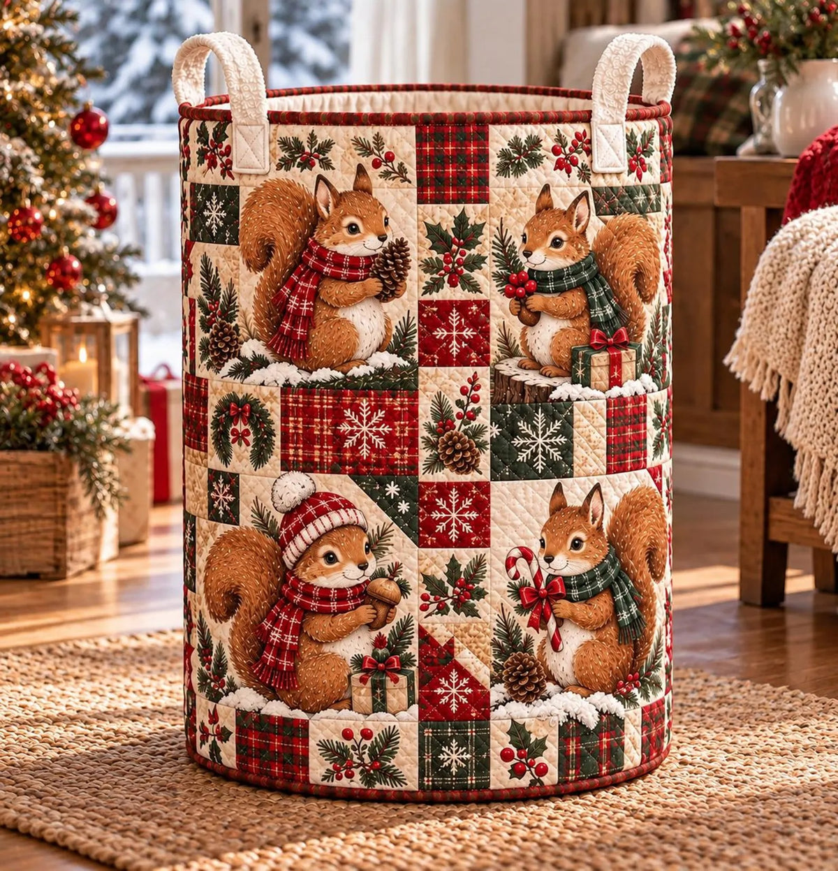 Christmas Squirrel Patchwork Laundry Basket, Clothes Hamper, Christmas Gift
